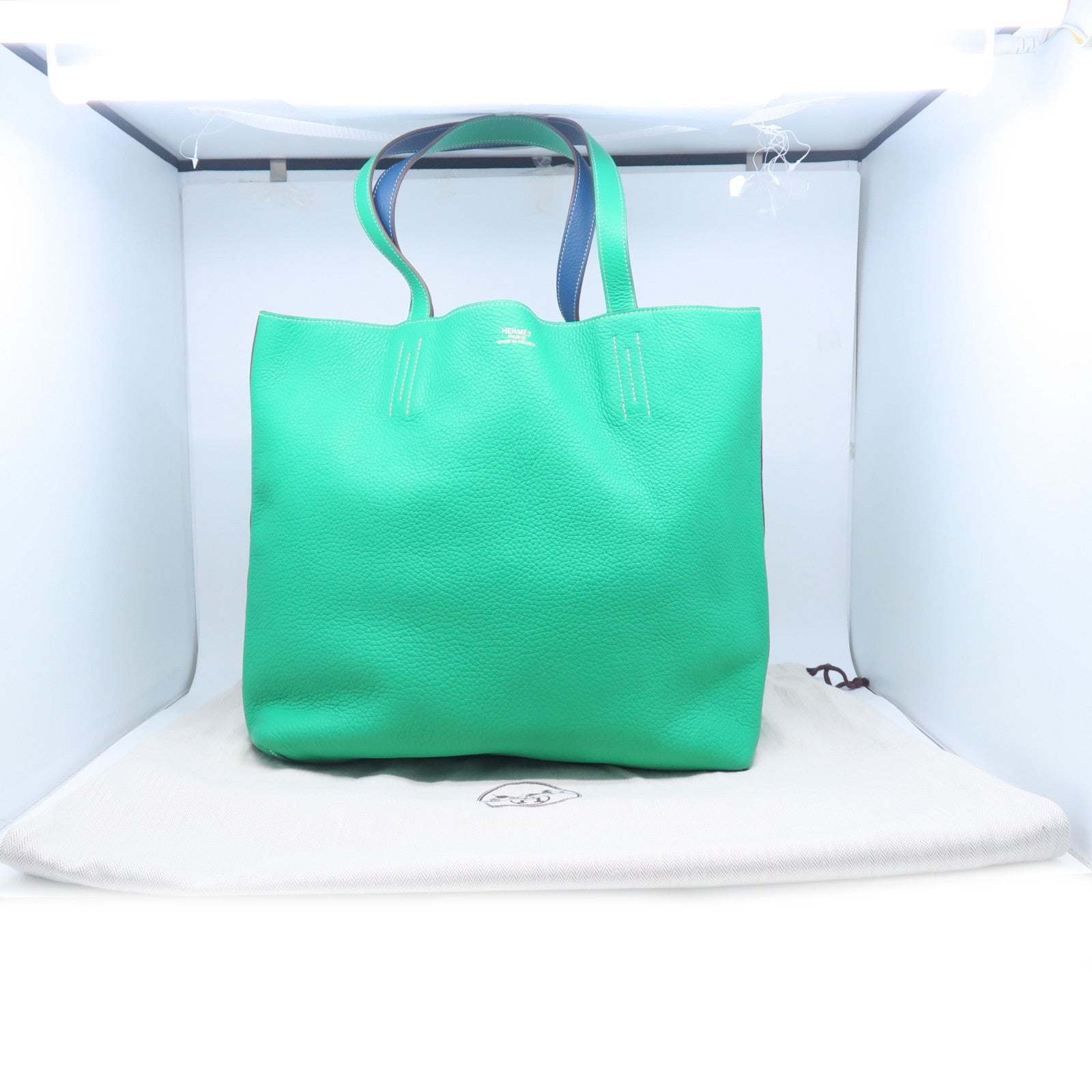HERMES Taurillon Clemence皮革Double Sens手挽袋绿色/蓝色