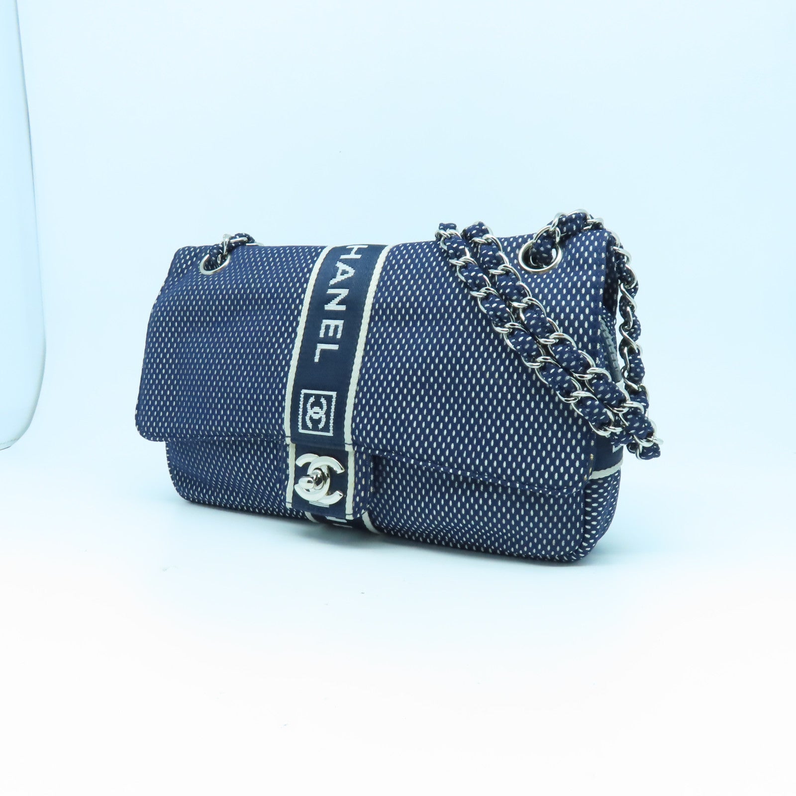 CHANEL 帆布Chain Shoulder Bag銀扣鏈帶肩背袋藍色