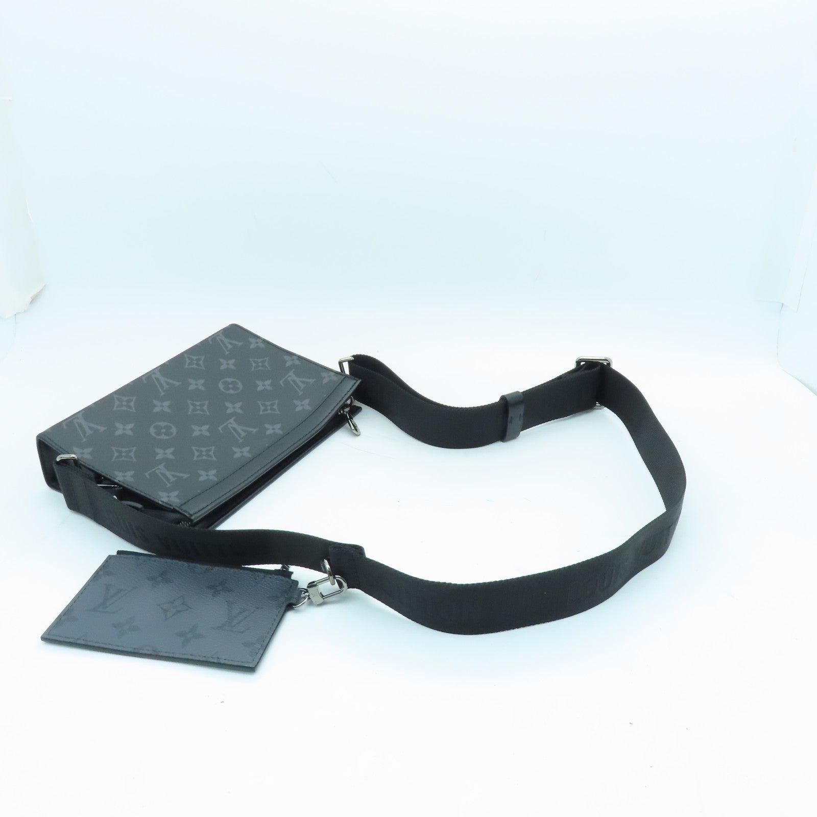 LOUIS VUITTON Monogram Eclipse Gaston Silver Buckle Shoulder Bag Black