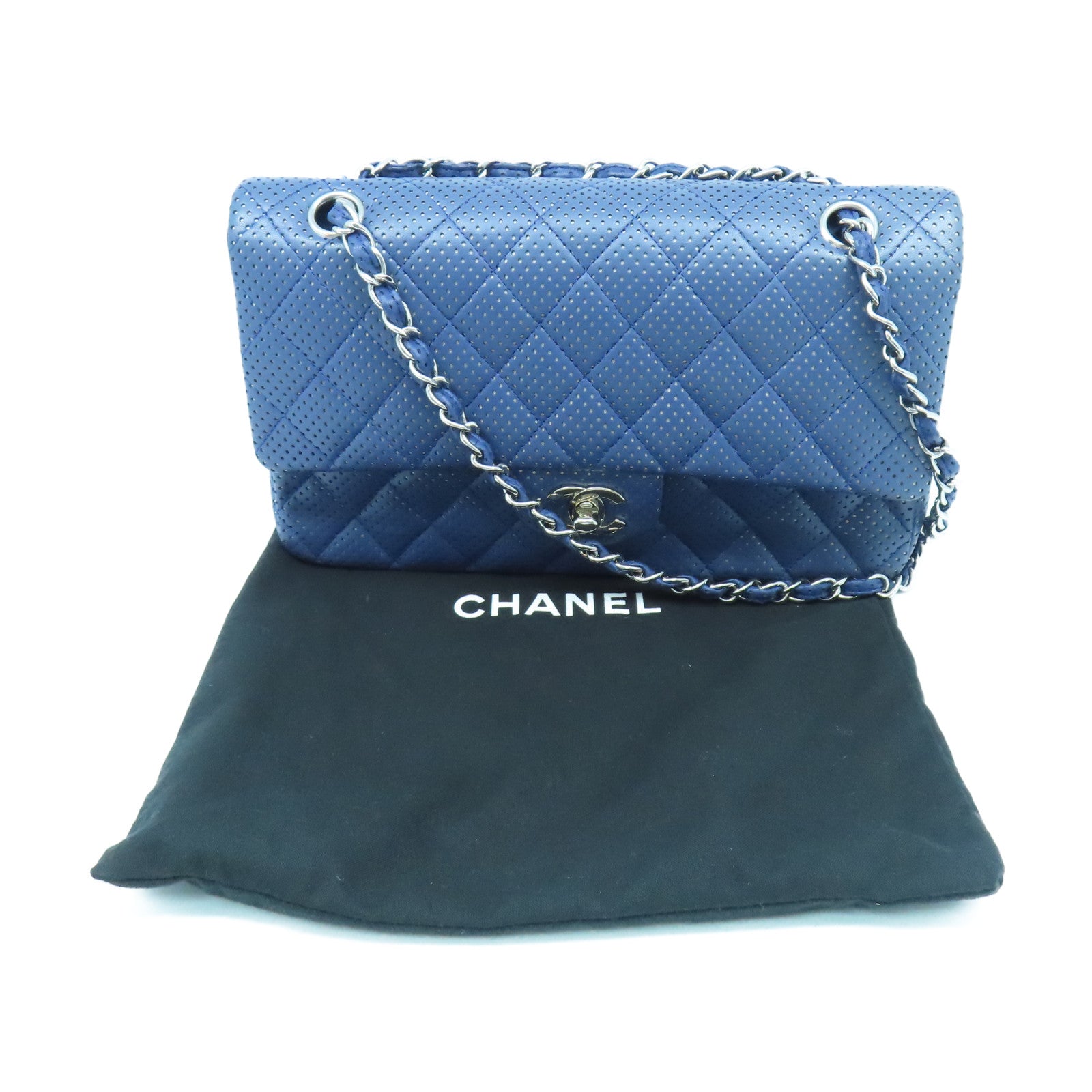 CHANEL rhombic cowhide leather Chain Shoulder silver buckle chain shoulder bag blue
