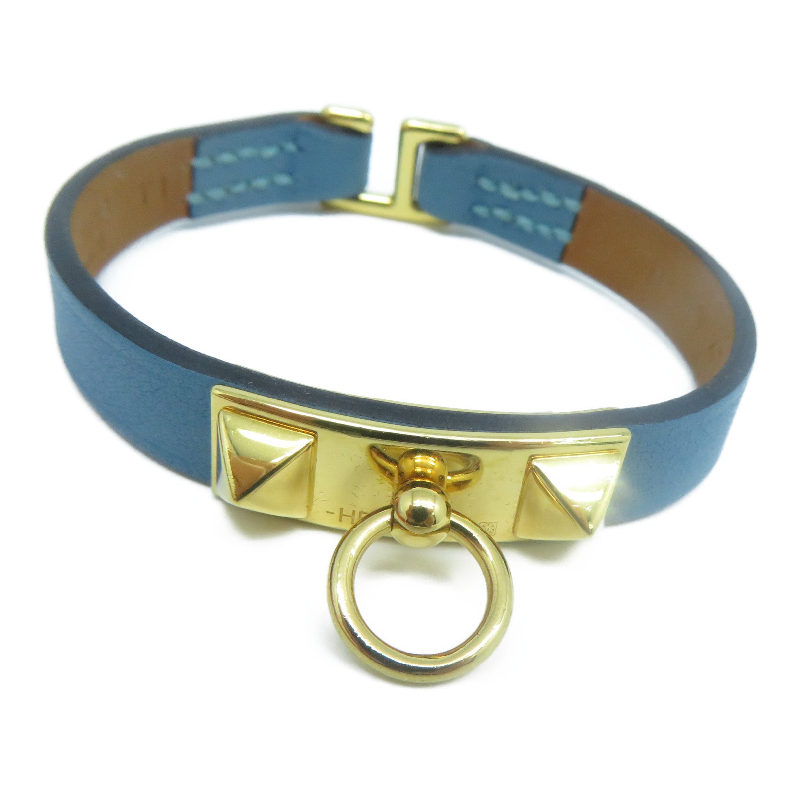 HERMES Swift皮革Rivale Mini Bracelet金扣手鐲牛仔藍色#T1