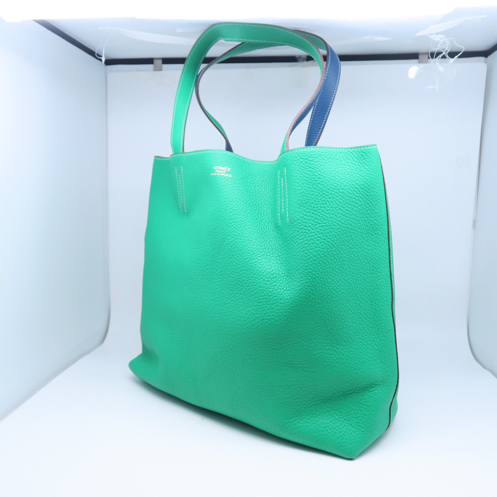 HERMES Taurillon Clemence皮革Double Sens手挽袋绿色/蓝色