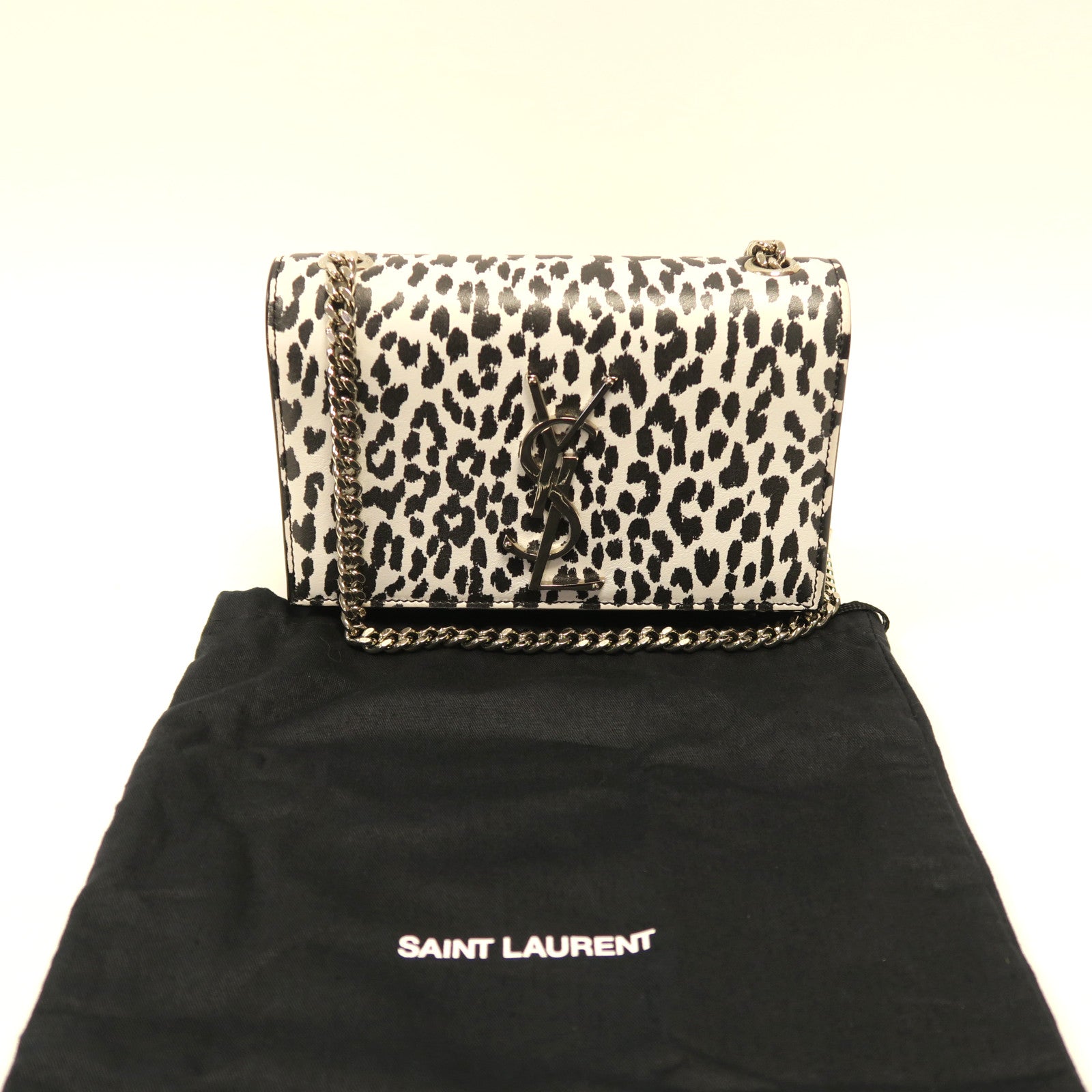 SAINT LAURENT 牛皮皮革Chain Shoulder Bag銀扣鏈帶肩背袋黑色/白色