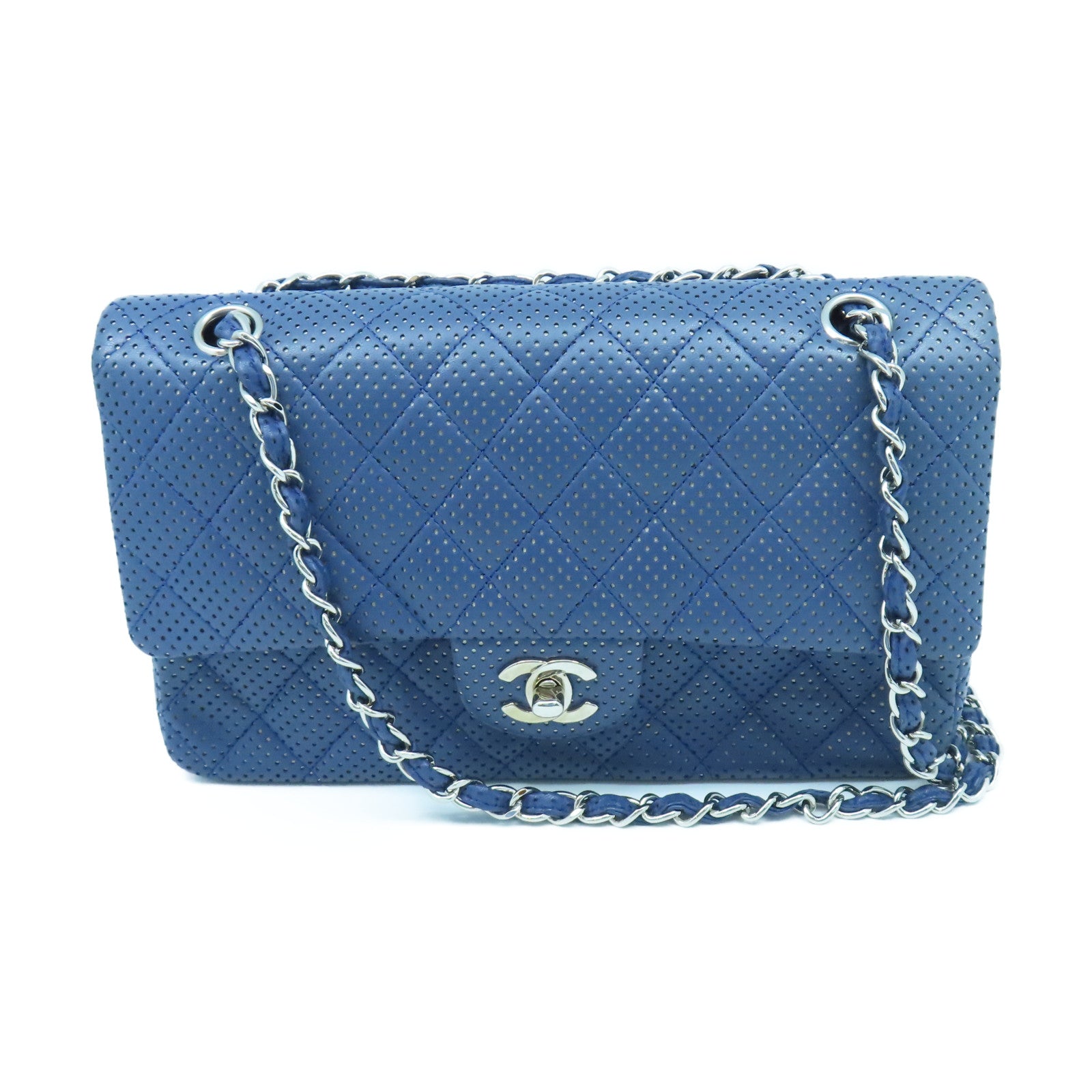 CHANEL rhombic cowhide leather Chain Shoulder silver buckle chain shoulder bag blue