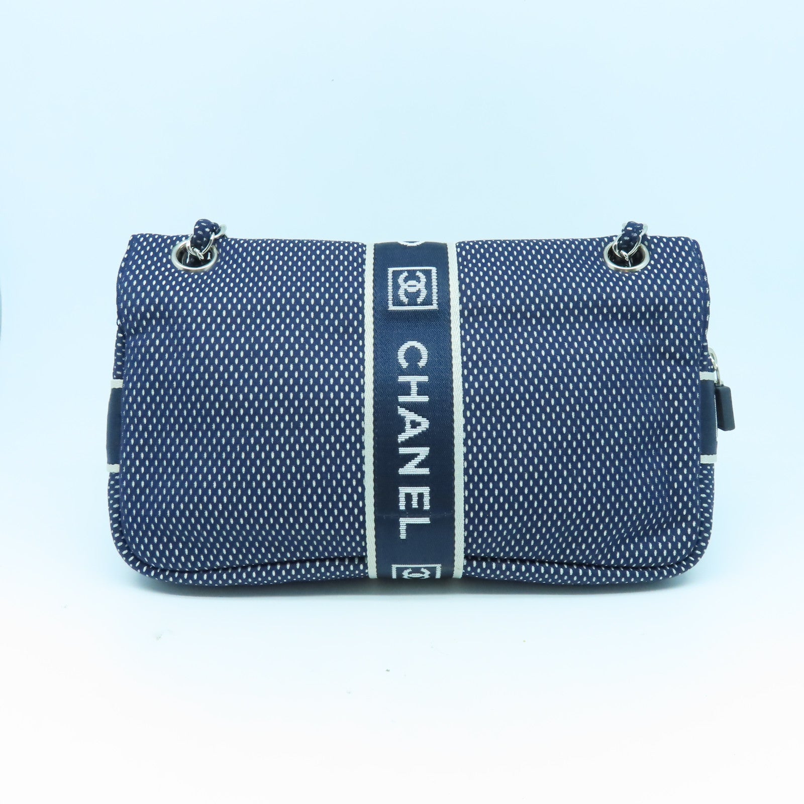 CHANEL 帆布Chain Shoulder Bag銀扣鏈帶肩背袋藍色
