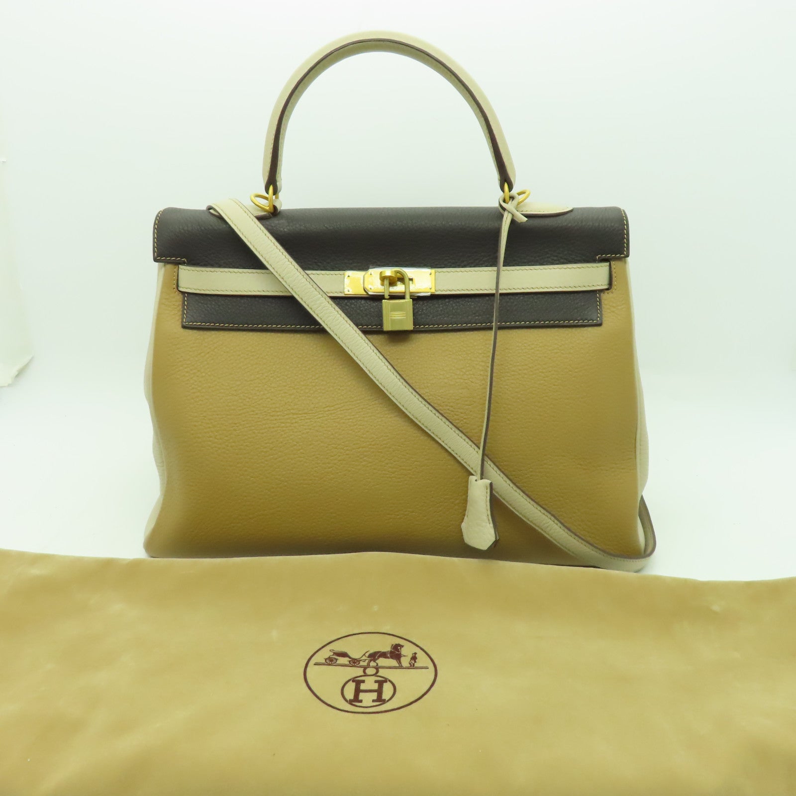HERMES Clemence皮革Kelly 35金扣手挽肩背兩用袋啡色/米色