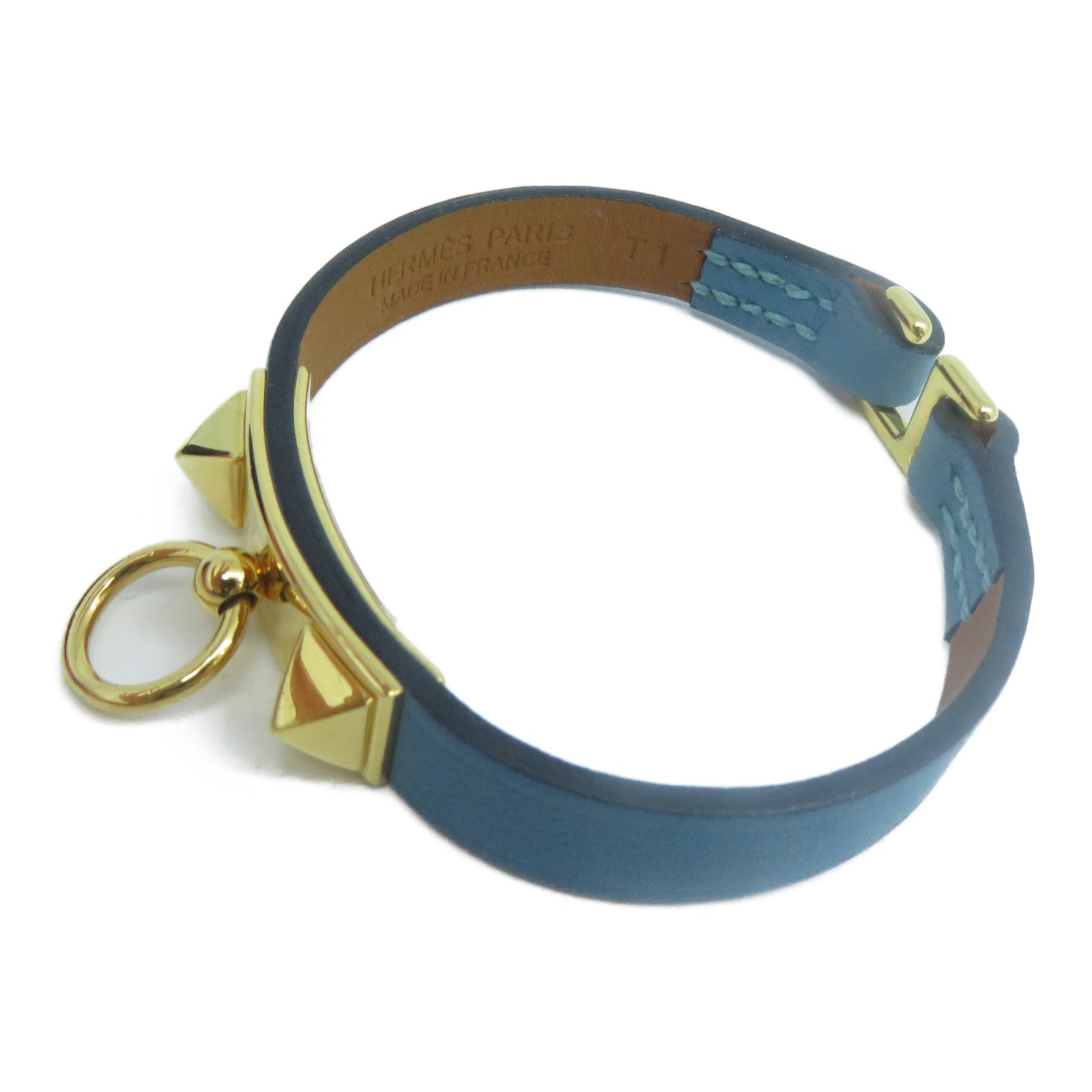 HERMES Swift皮革Rivale Mini Bracelet金扣手鐲牛仔藍色#T1