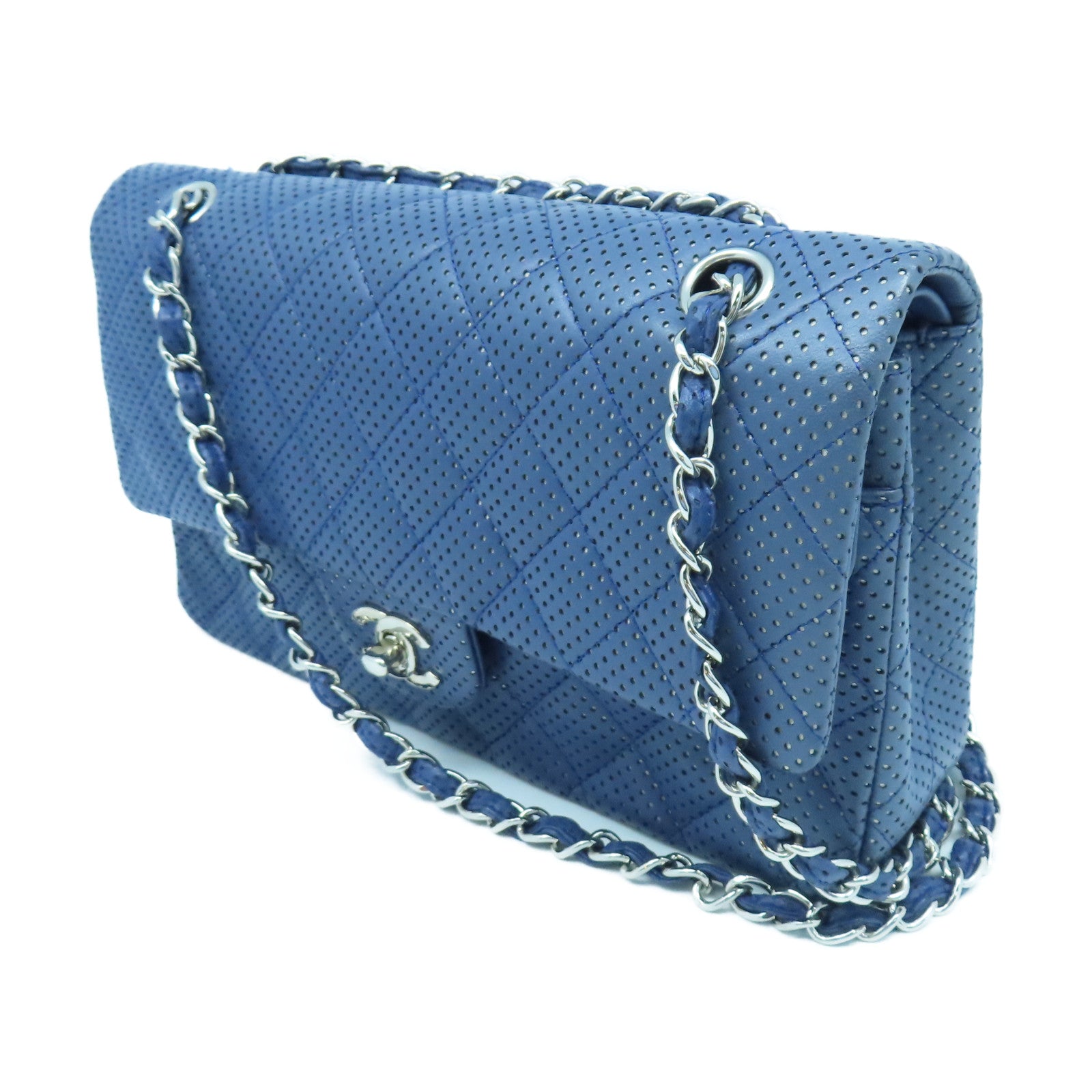 CHANEL rhombic cowhide leather Chain Shoulder silver buckle chain shoulder bag blue