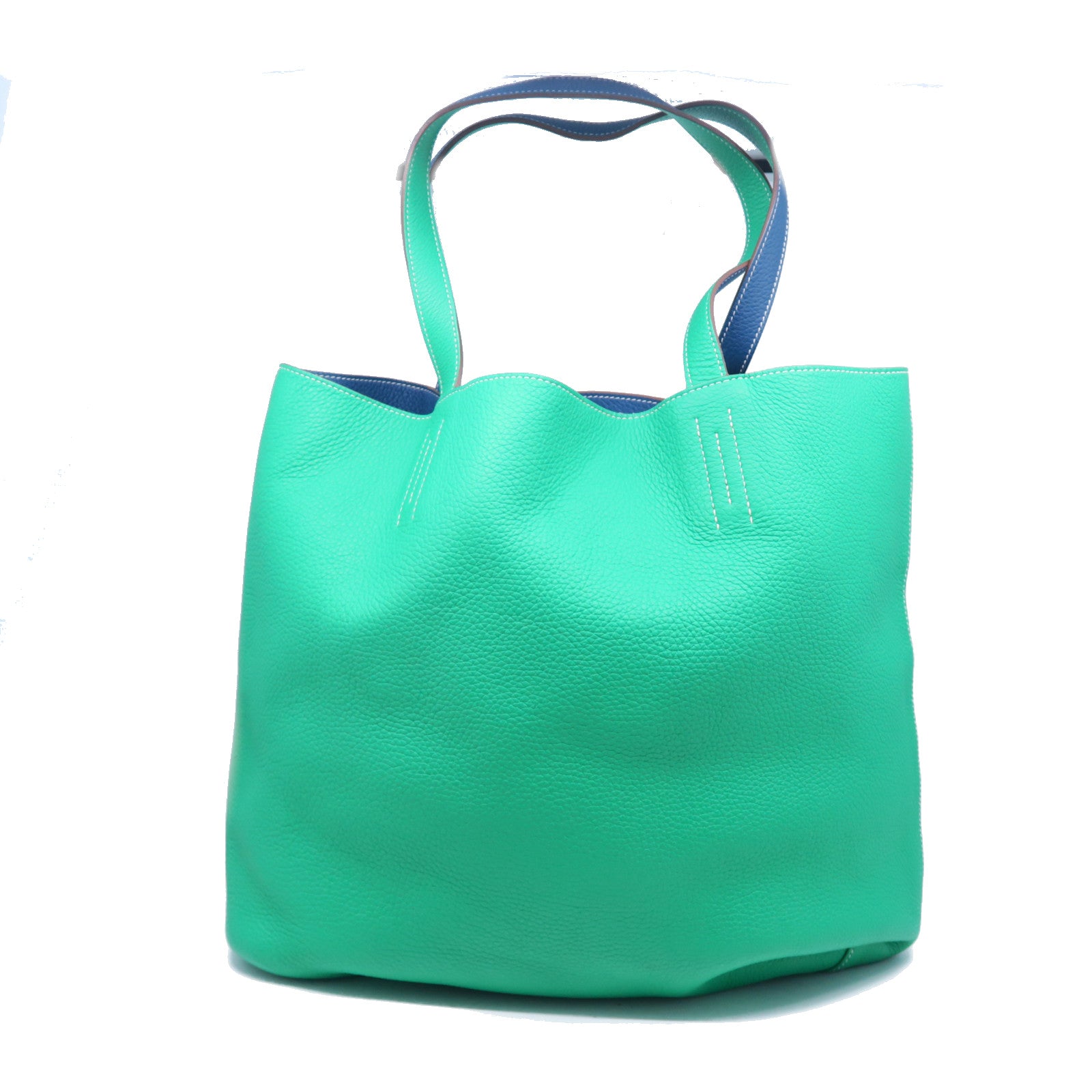 HERMES Taurillon Clemence皮革Double Sens手挽袋绿色/蓝色