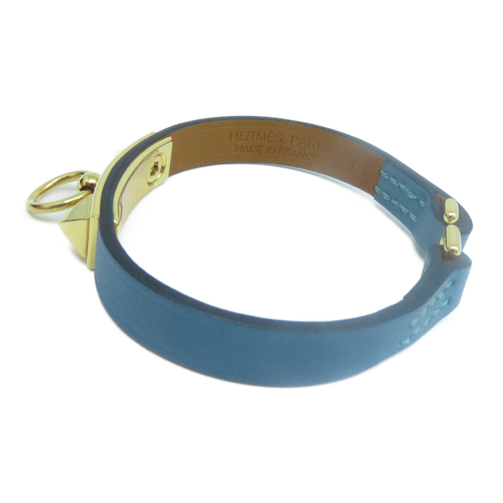 HERMES Swift皮革Rivale Mini Bracelet金扣手鐲牛仔藍色#T1