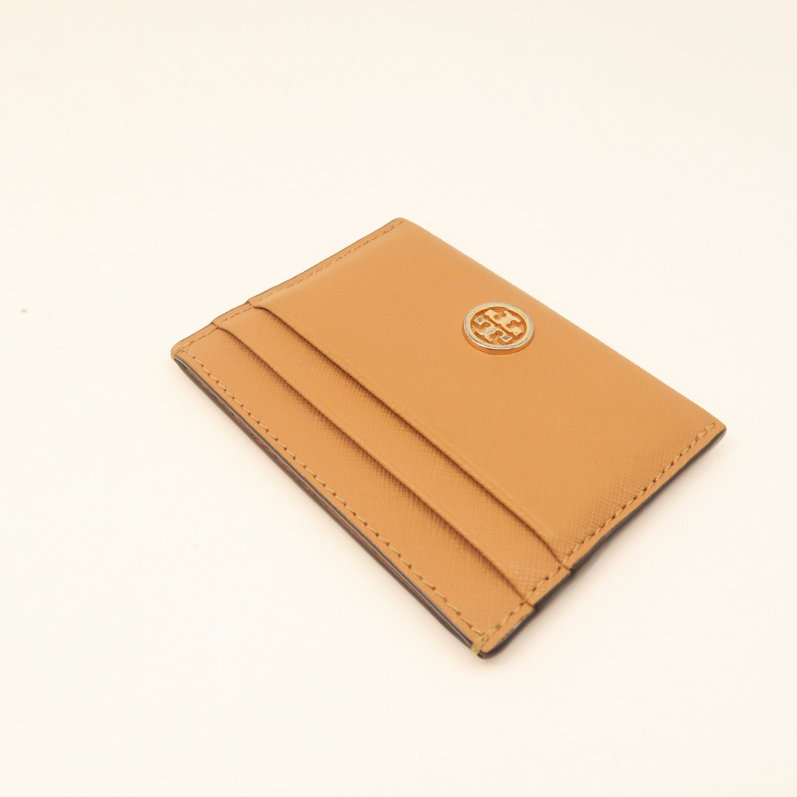Tory Burch Cowhide Leather Card Case Gold Buckle Card Holder Brown