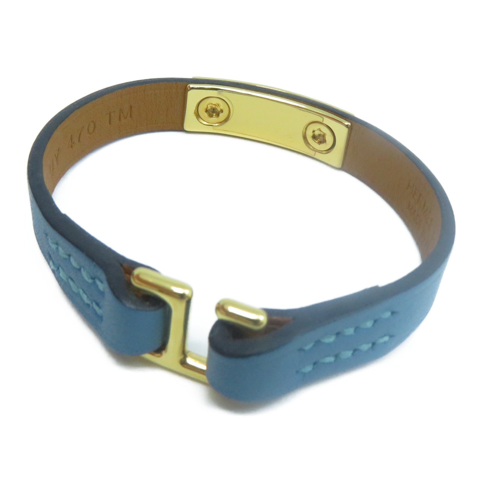 HERMES Swift皮革Rivale Mini Bracelet金扣手鐲牛仔藍色#T1