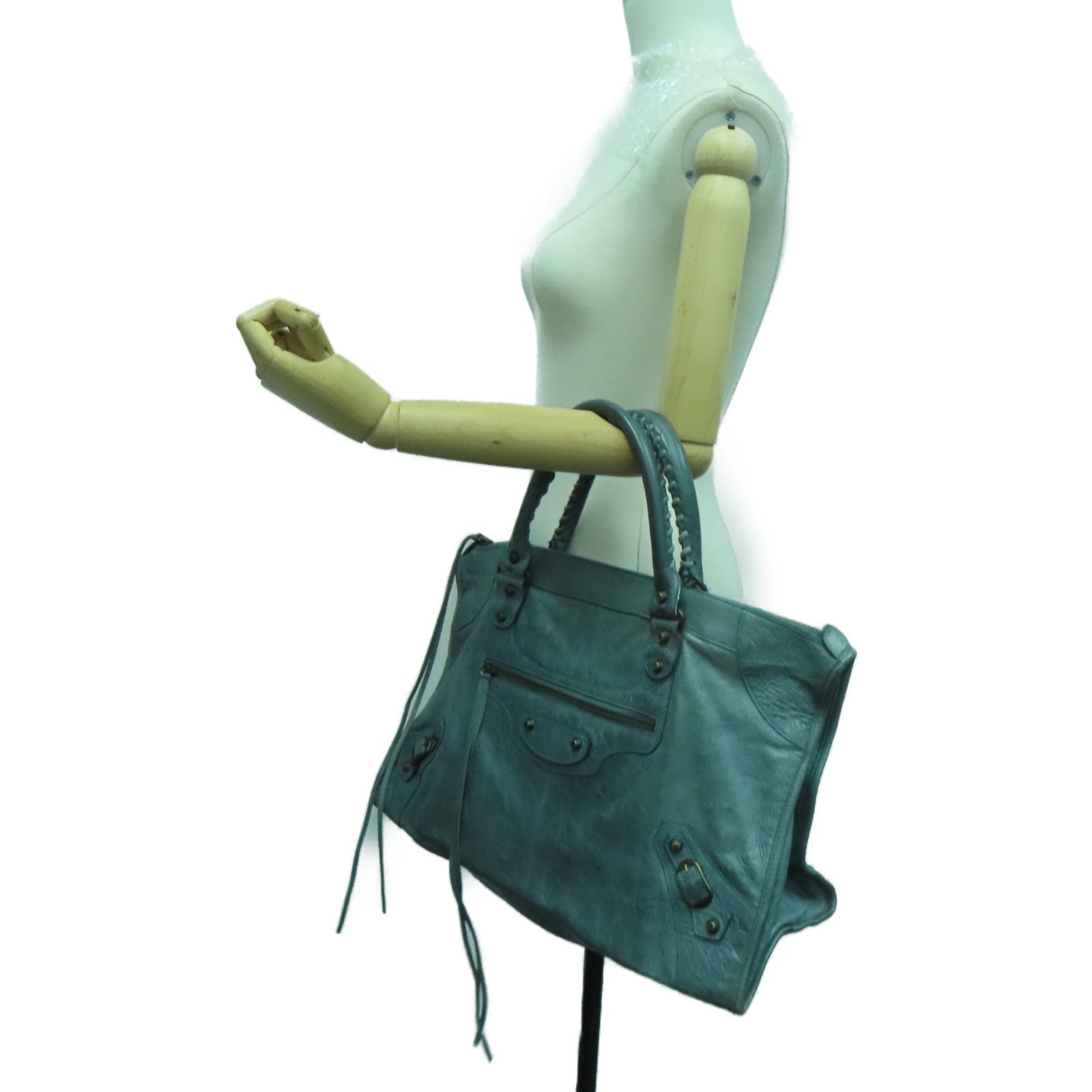 BALENCIAGA Sheepskin Leather The Work Gold Buckle Tote Bag Gray