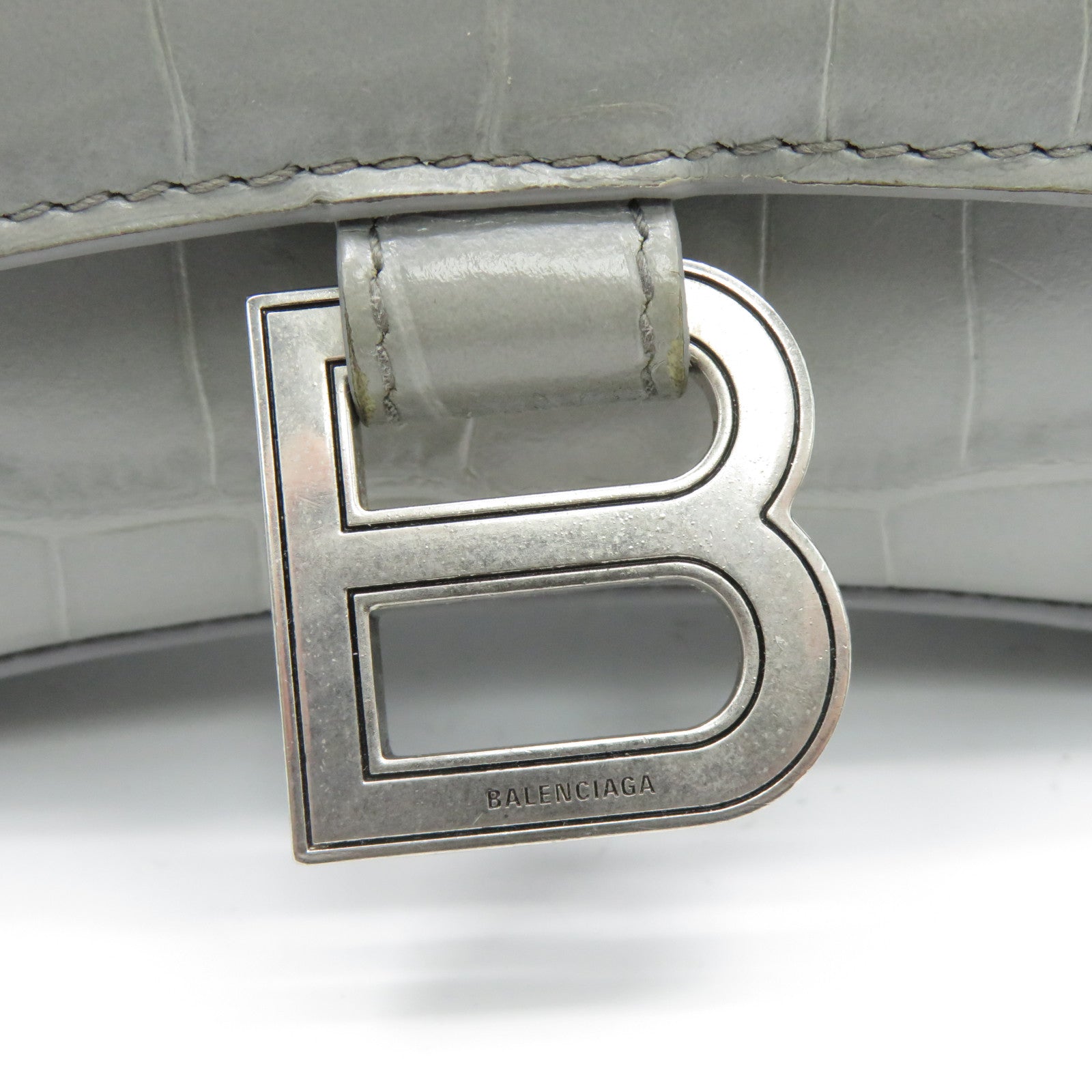 BALENCIAGA 牛皮皮革Hourglass XS銀扣手挽肩背兩用袋灰色