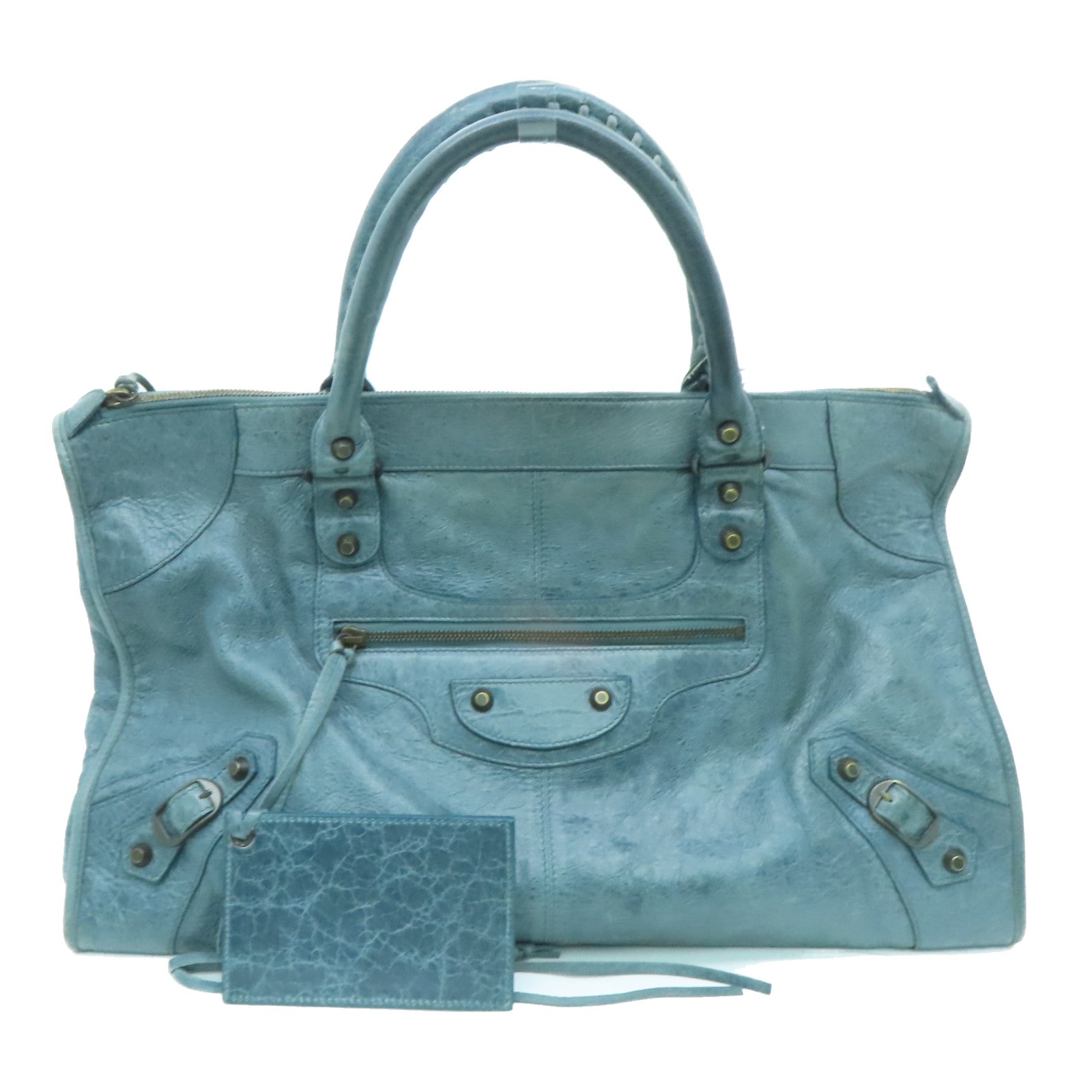 BALENCIAGA Sheepskin Leather The Work Gold Buckle Tote Bag Gray