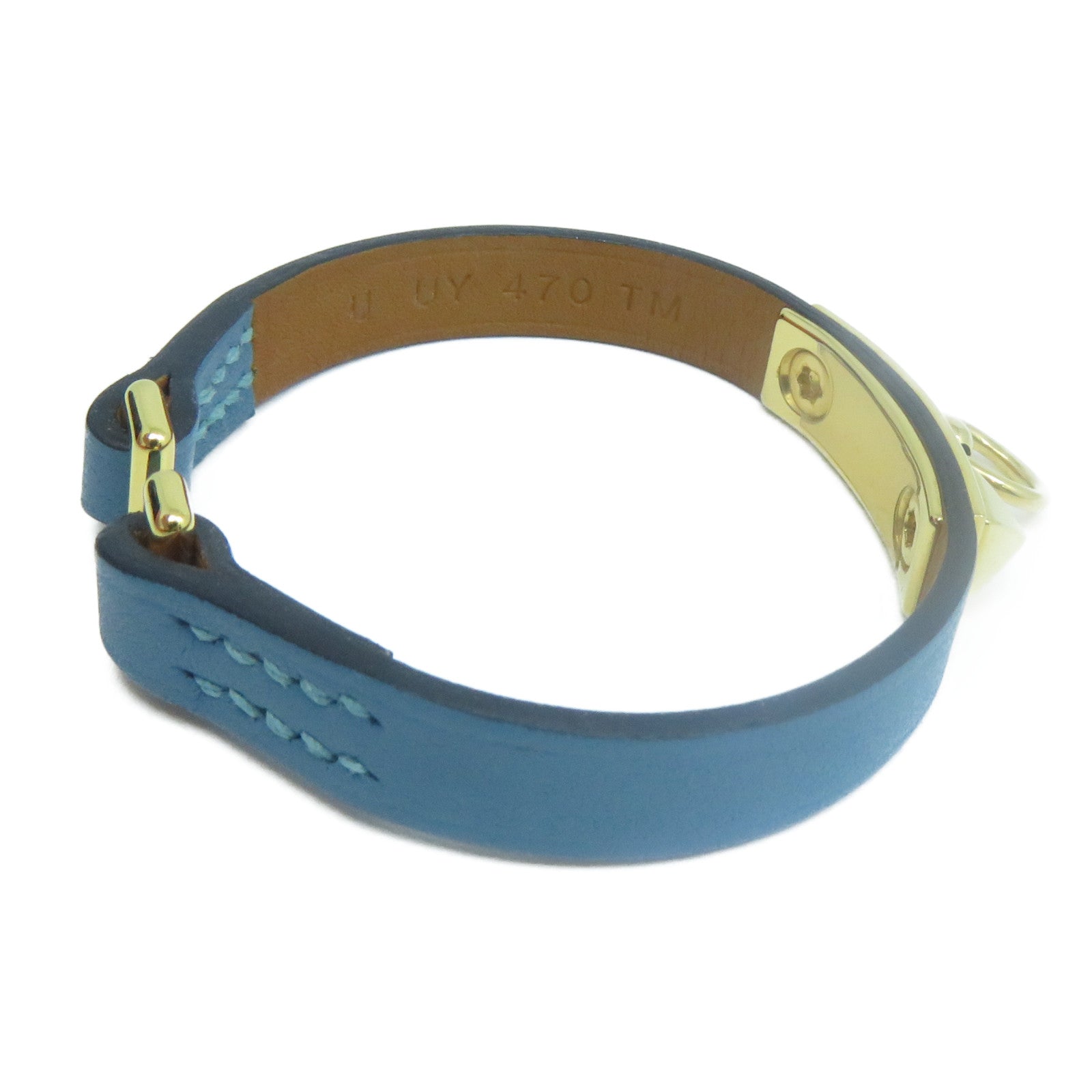 HERMES Swift皮革Rivale Mini Bracelet金扣手鐲牛仔藍色#T1