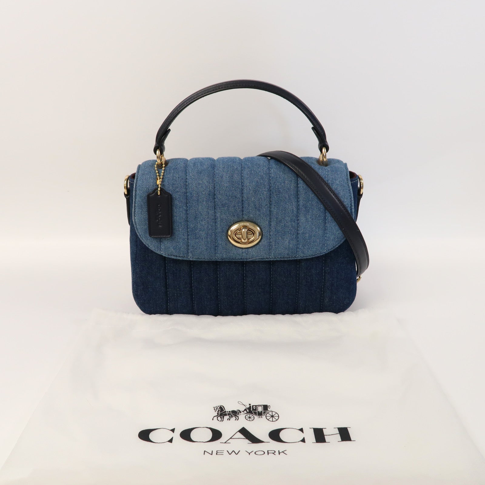 COACH 牛仔布Shoulder Bag金扣手挽肩背兩用袋藍色/黑色