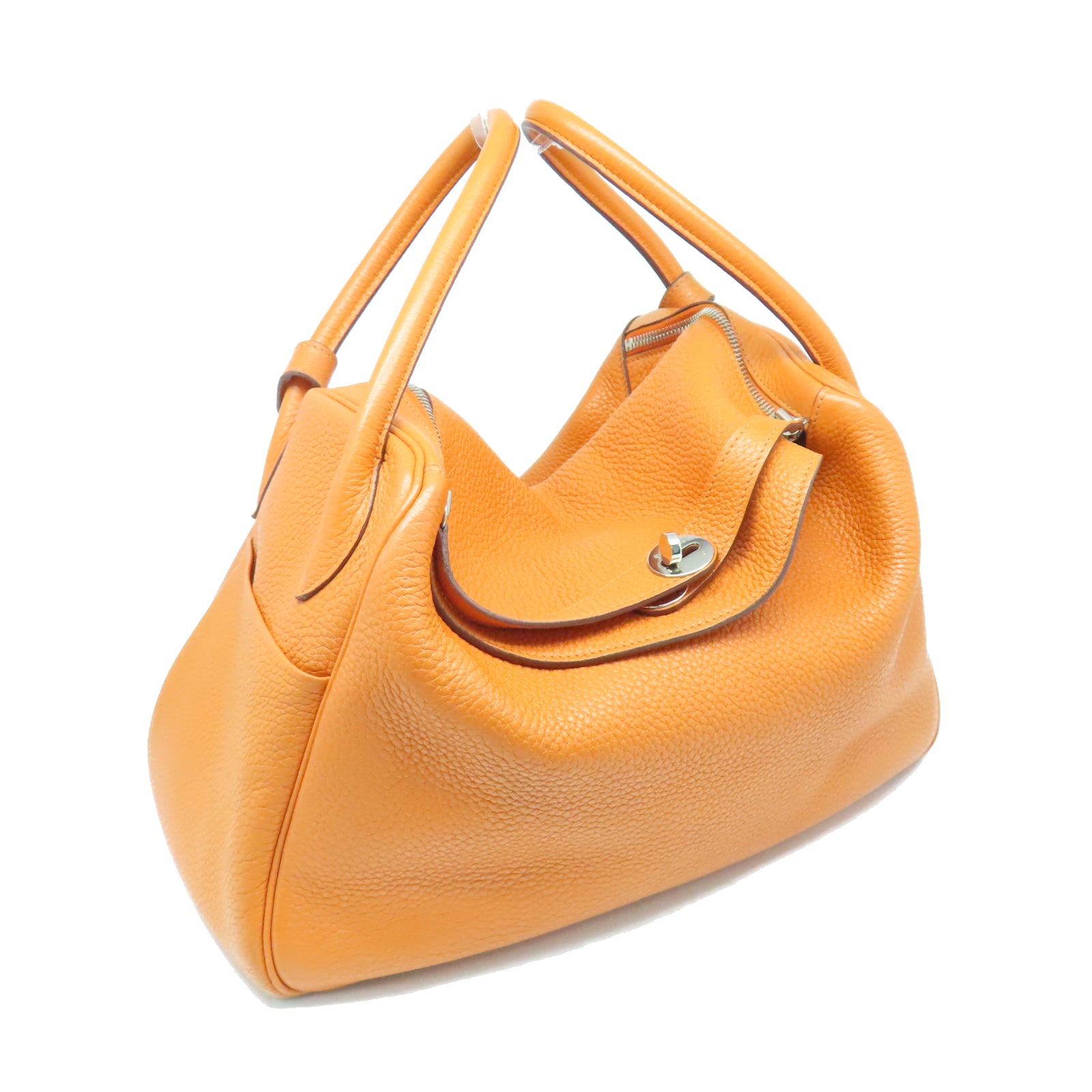 HERMES Taurillon Clemence Leather Lindy 34 Silver Buckle Handle Shoulder Bag Orange