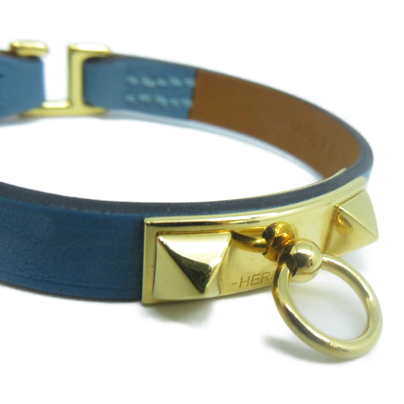 HERMES Swift皮革Rivale Mini Bracelet金扣手鐲牛仔藍色#T1