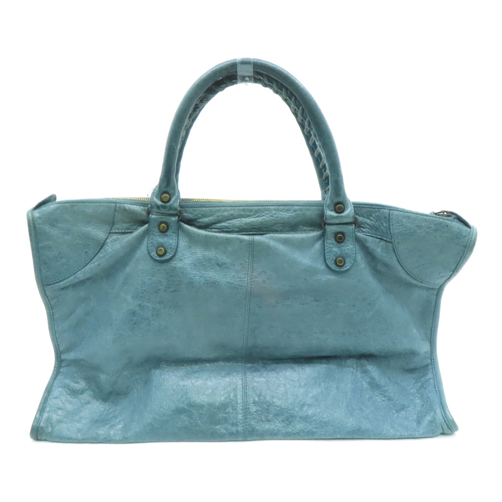 BALENCIAGA Sheepskin Leather The Work Gold Buckle Tote Bag Gray