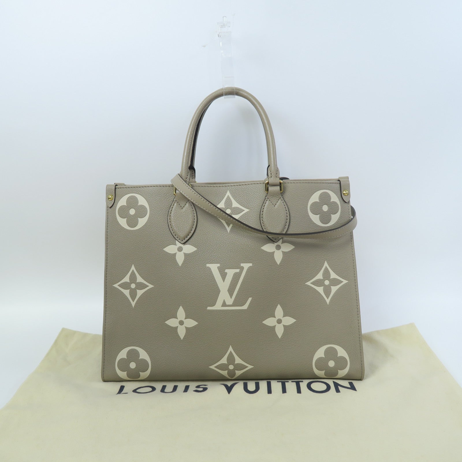 LOUIS VUITTON Monogram Empreinte OnTheGo MM金扣手挽肩背兩用袋斑鳩灰色/奶油色
