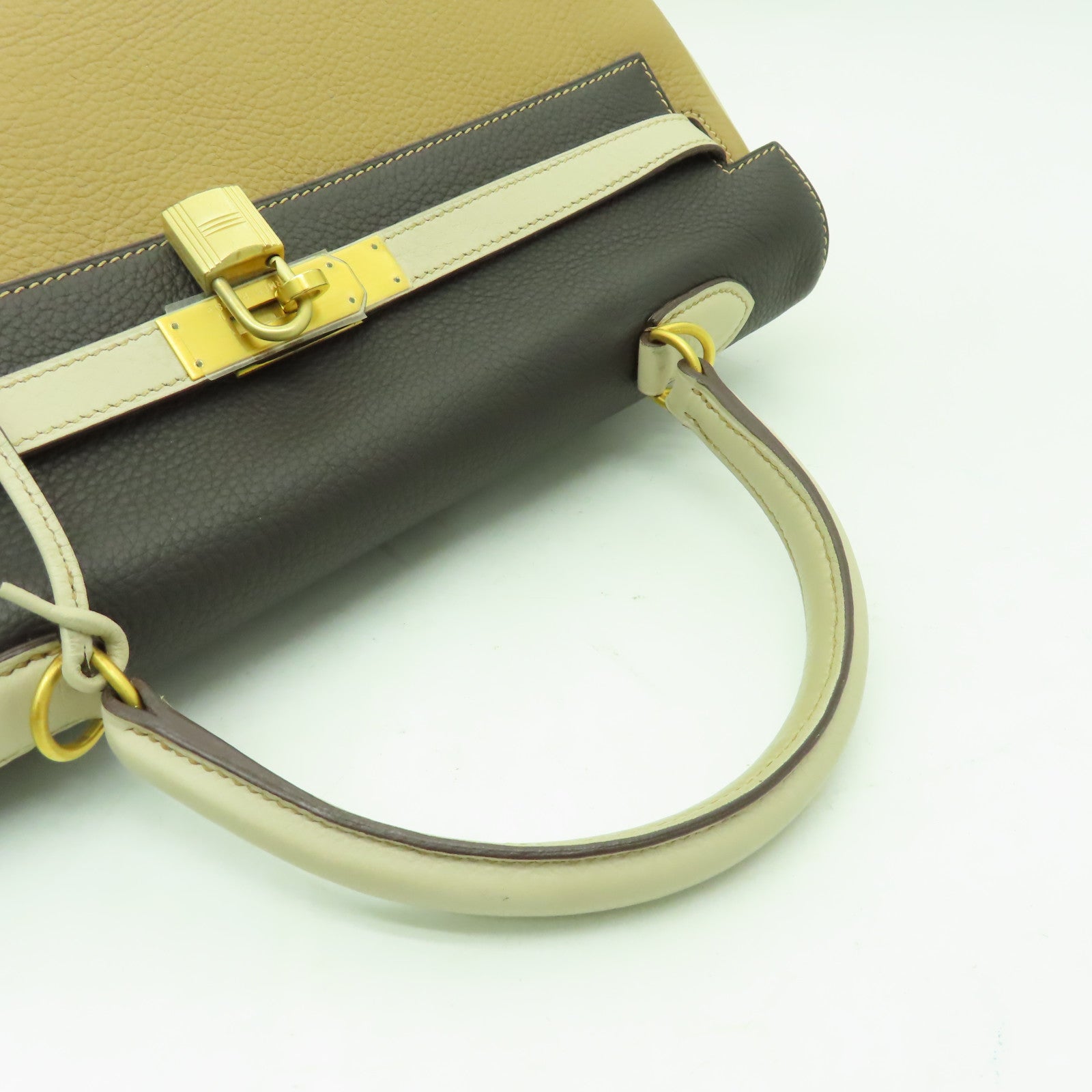 HERMES Clemence皮革Kelly 35金扣手挽肩背兩用袋啡色/米色