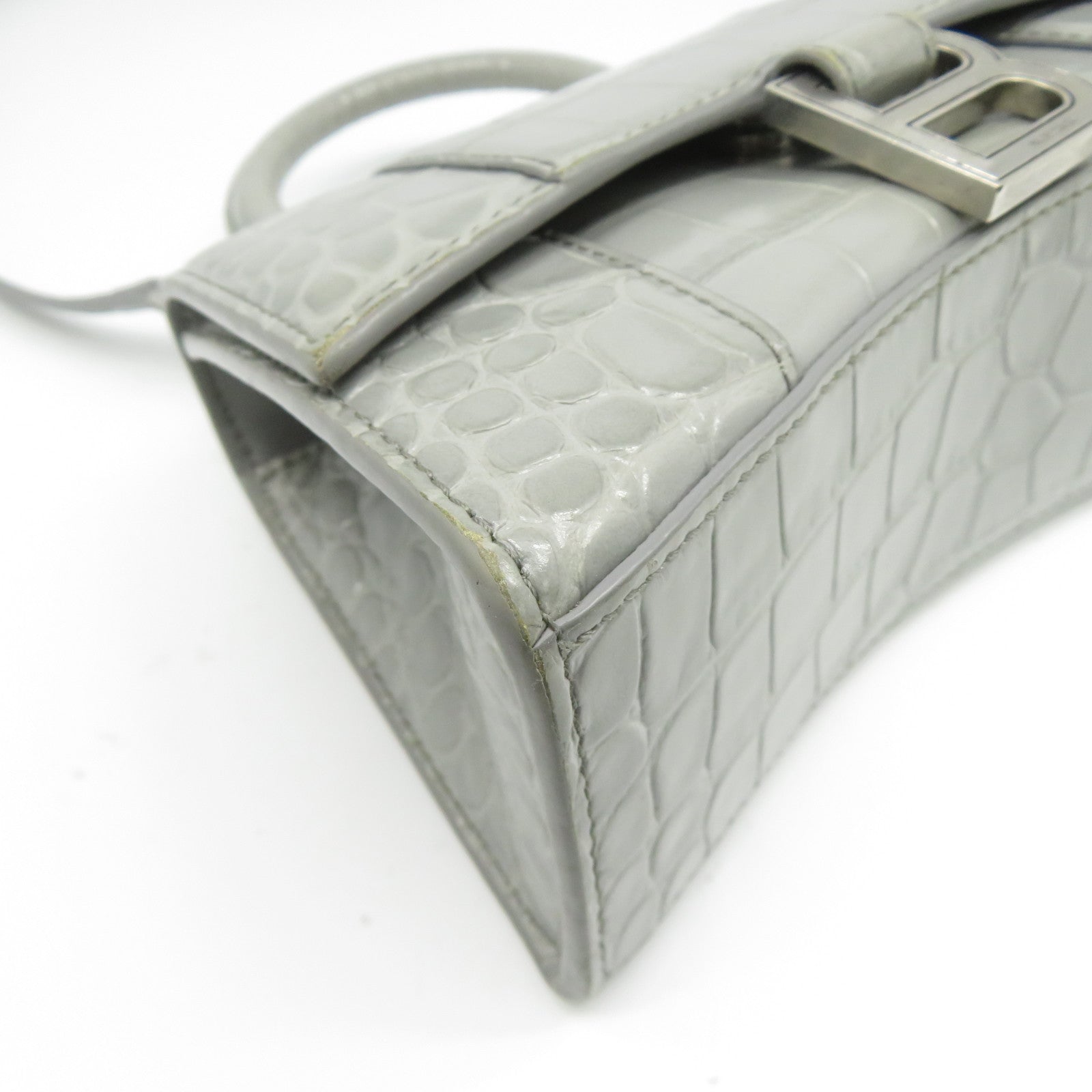 BALENCIAGA 牛皮皮革Hourglass XS銀扣手挽肩背兩用袋灰色