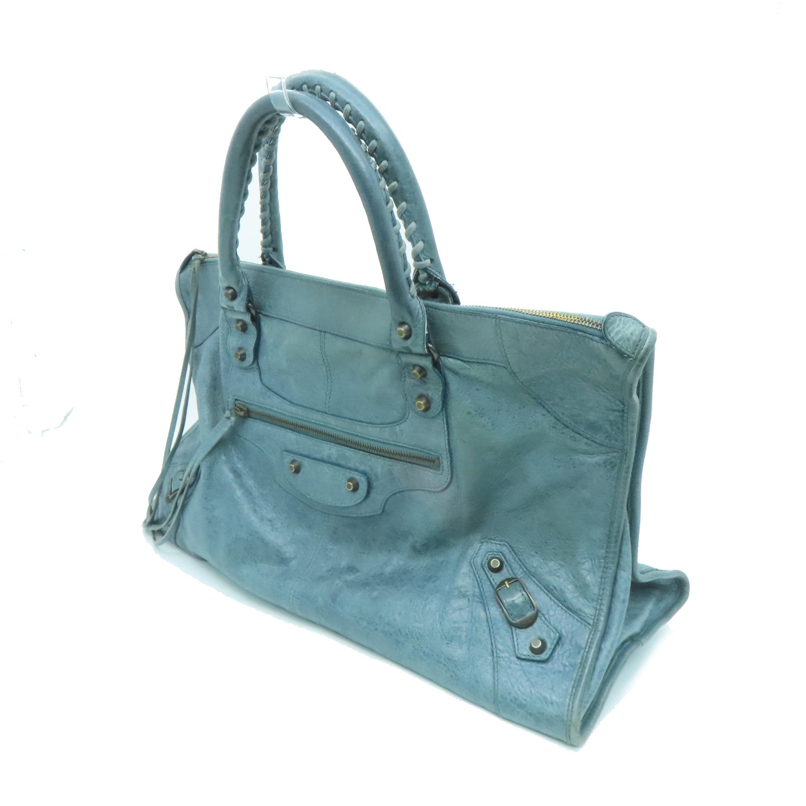 BALENCIAGA Sheepskin Leather The Work Gold Buckle Tote Bag Gray