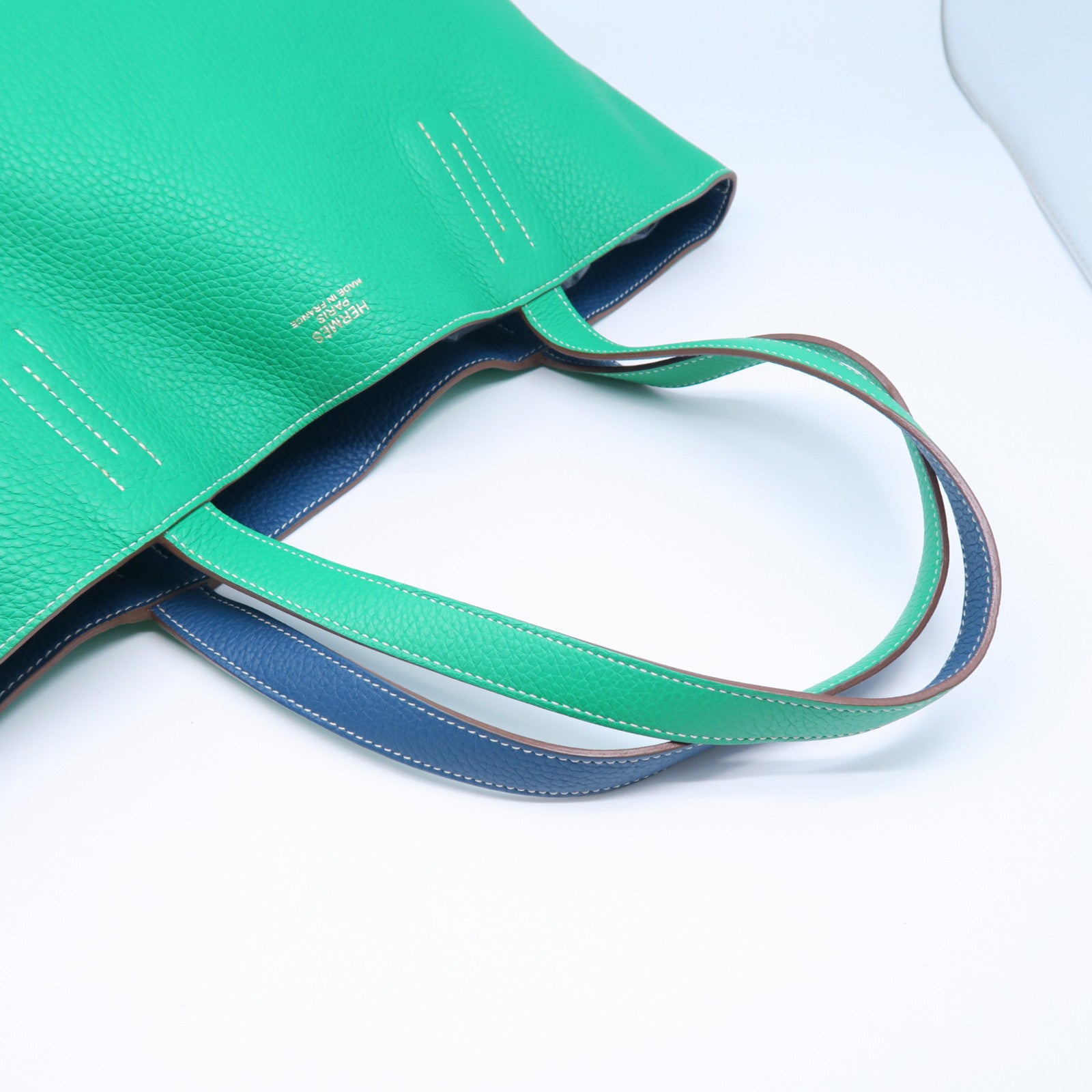 HERMES Taurillon Clemence皮革Double Sens手挽袋绿色/蓝色