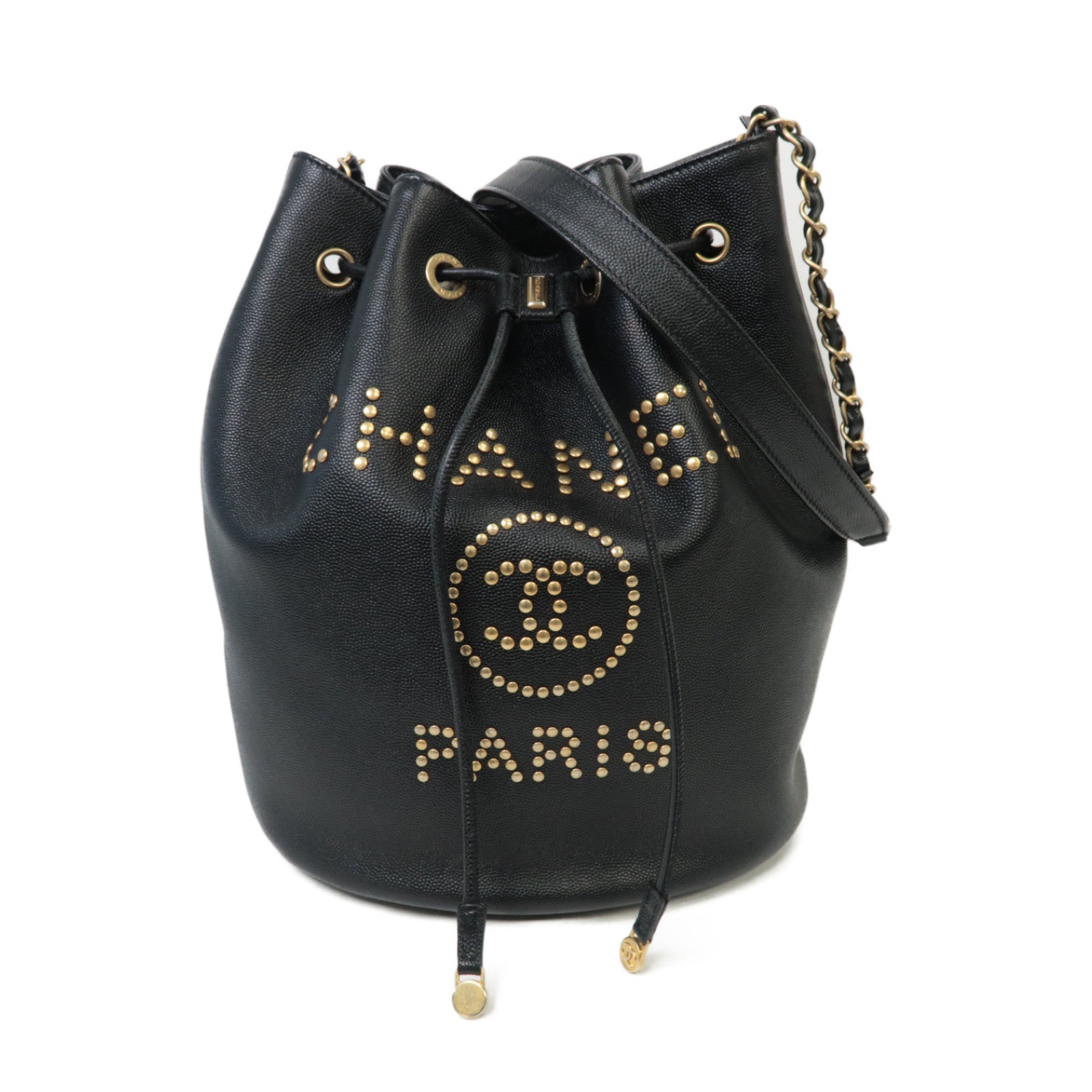 CHANEL Caviar皮革Chain Shoulder金扣鏈帶肩背袋黑色