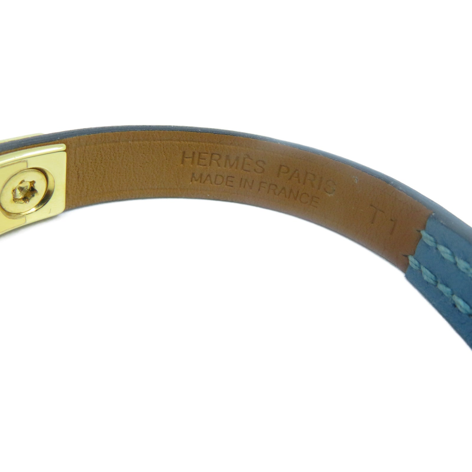 HERMES Swift皮革Rivale Mini Bracelet金扣手鐲牛仔藍色#T1