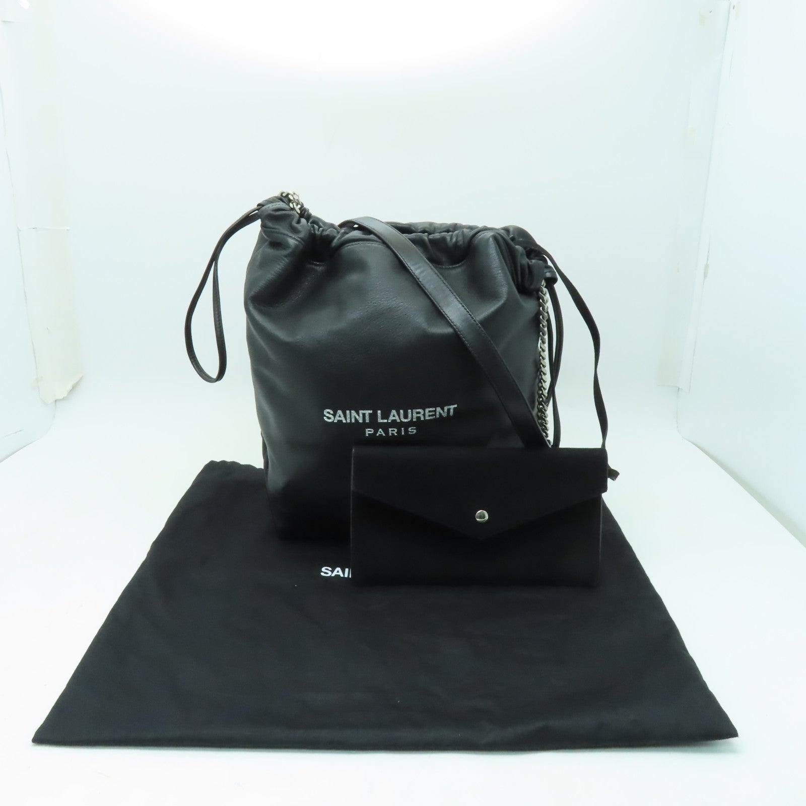 SAINT LAURENT 牛皮皮革Shoulder Bag銀扣鏈帶肩背袋黑色