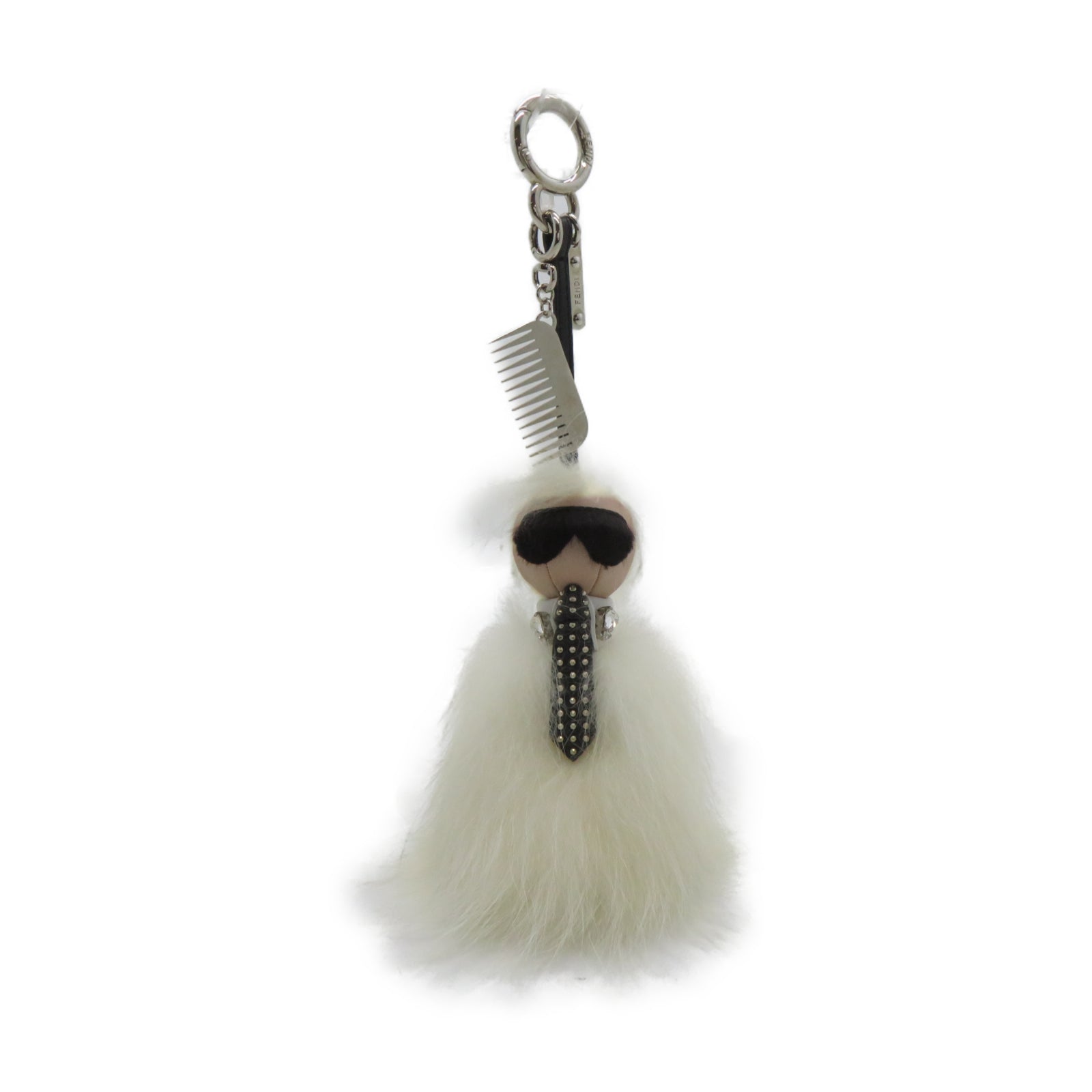 FENDI 毛茸Karlito Charm銀扣掛飾白色