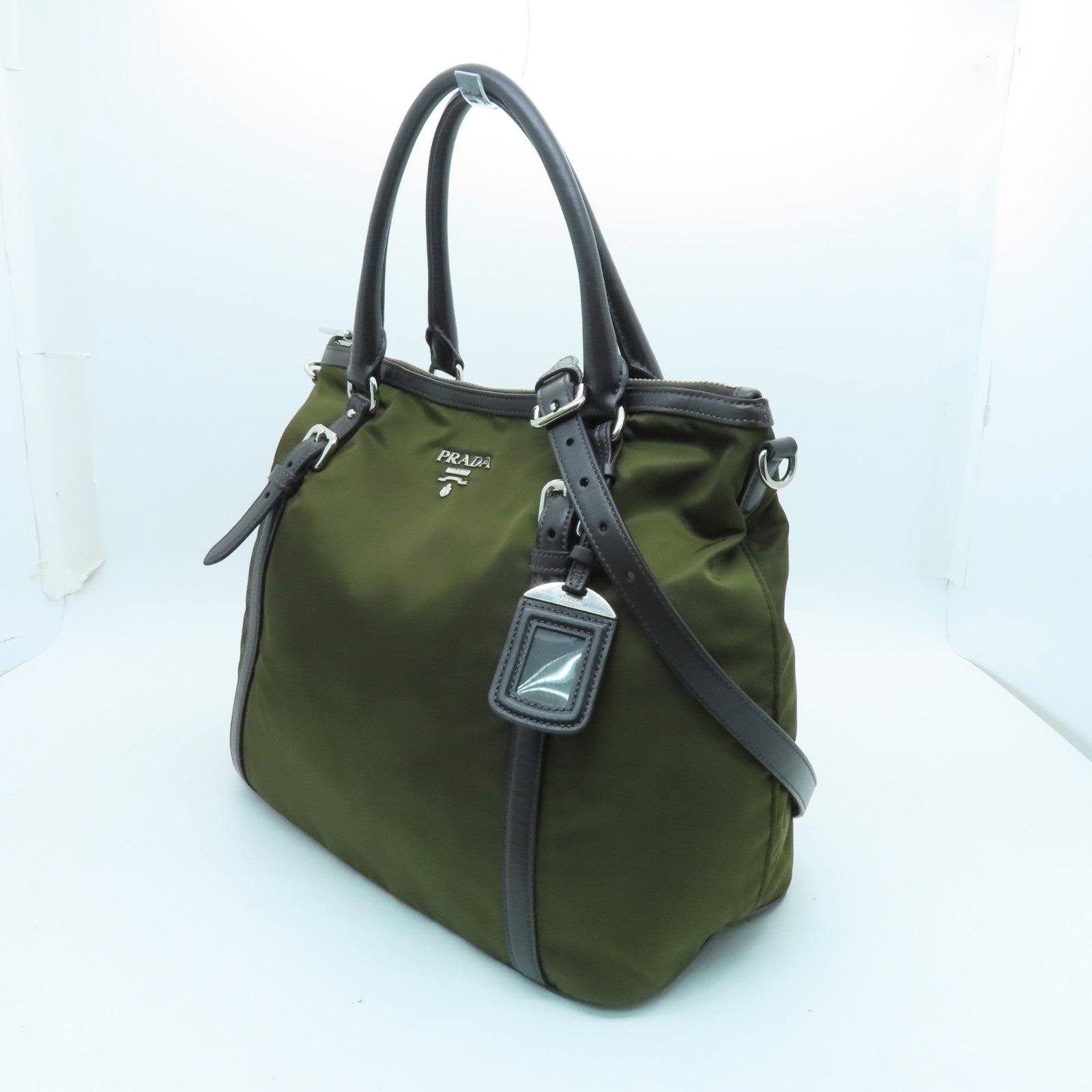 PRADA Nylon 2Way Shoulder Silver Buckle Handle Shoulder Bag Green/Brown