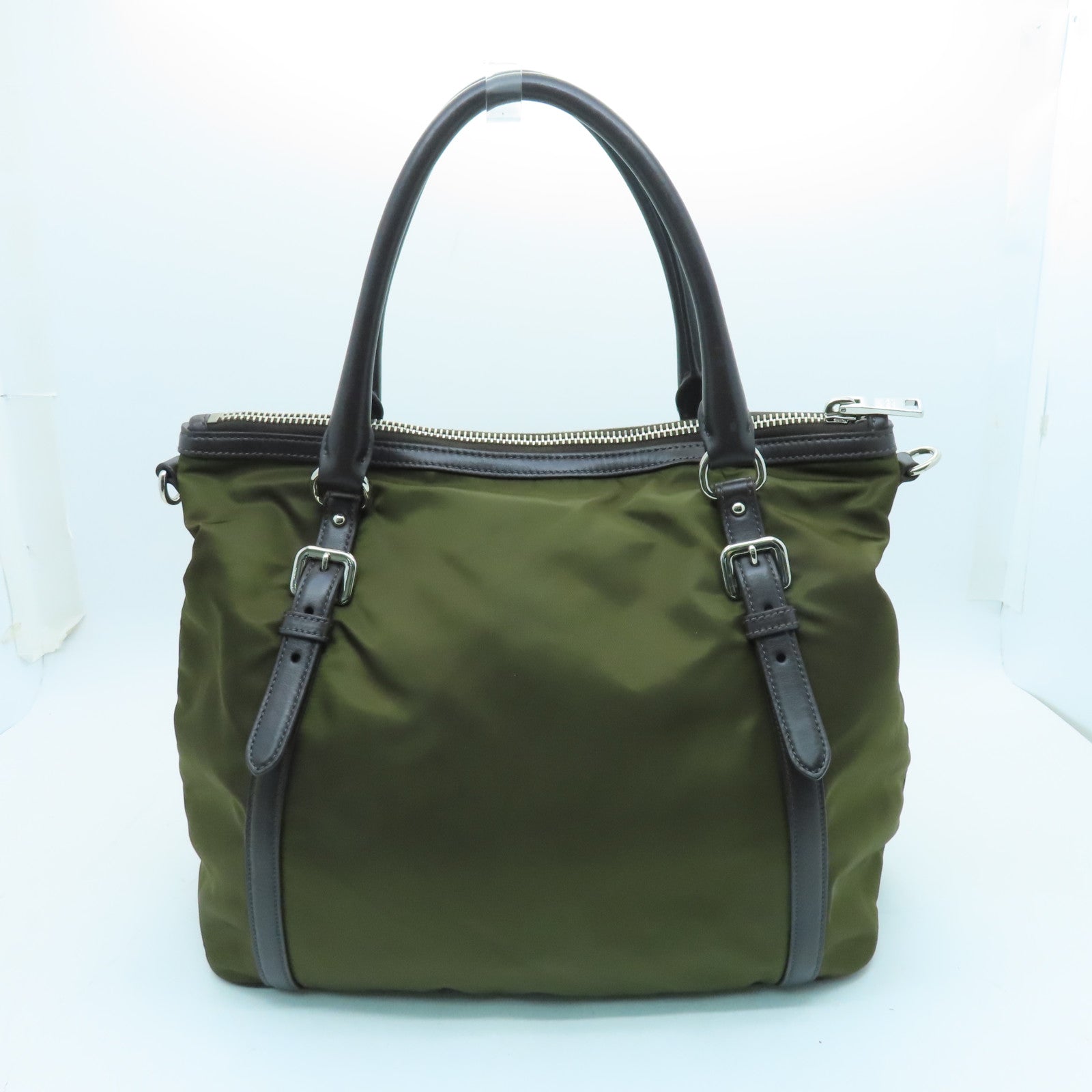 PRADA Nylon 2Way Shoulder Silver Buckle Handle Shoulder Bag Green/Brown