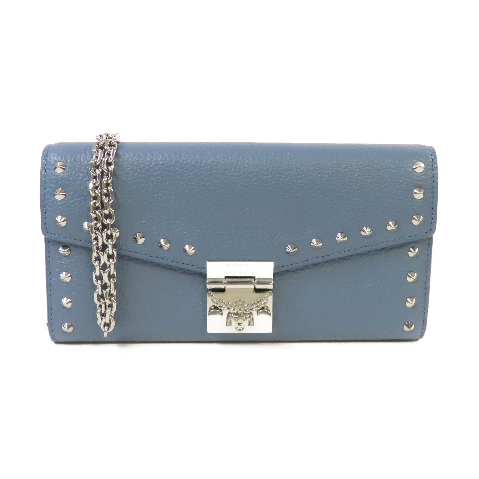 MCM 牛皮皮革Wallet Chain Shoulder Bag銀扣鏈帶肩背袋藍色