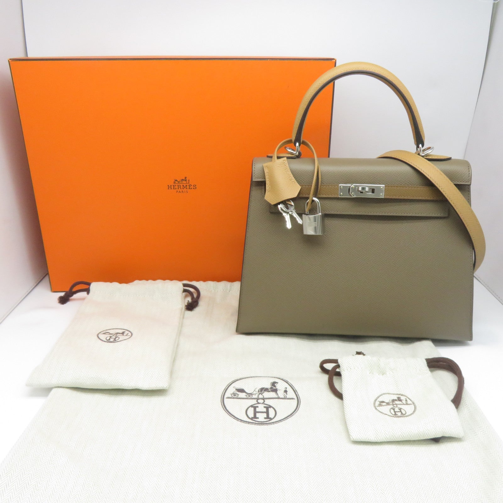 HERMES Epsom皮革Kelly 25銀扣手挽肩背兩用袋大象灰色/栗子色/餅乾色