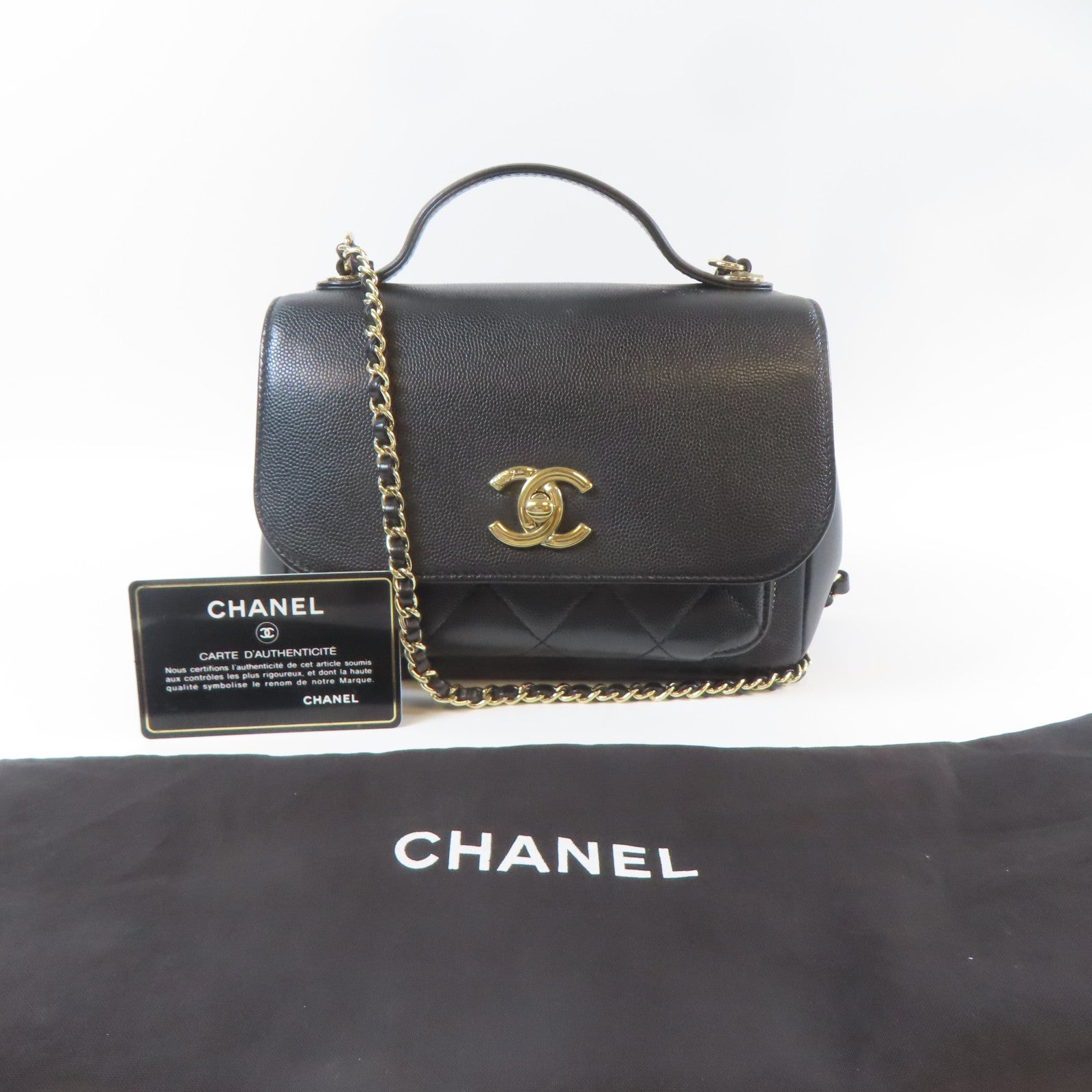 CHANEL 菱格Caviar皮革2 Way Shoulder金扣手挽肩背兩用袋黑色