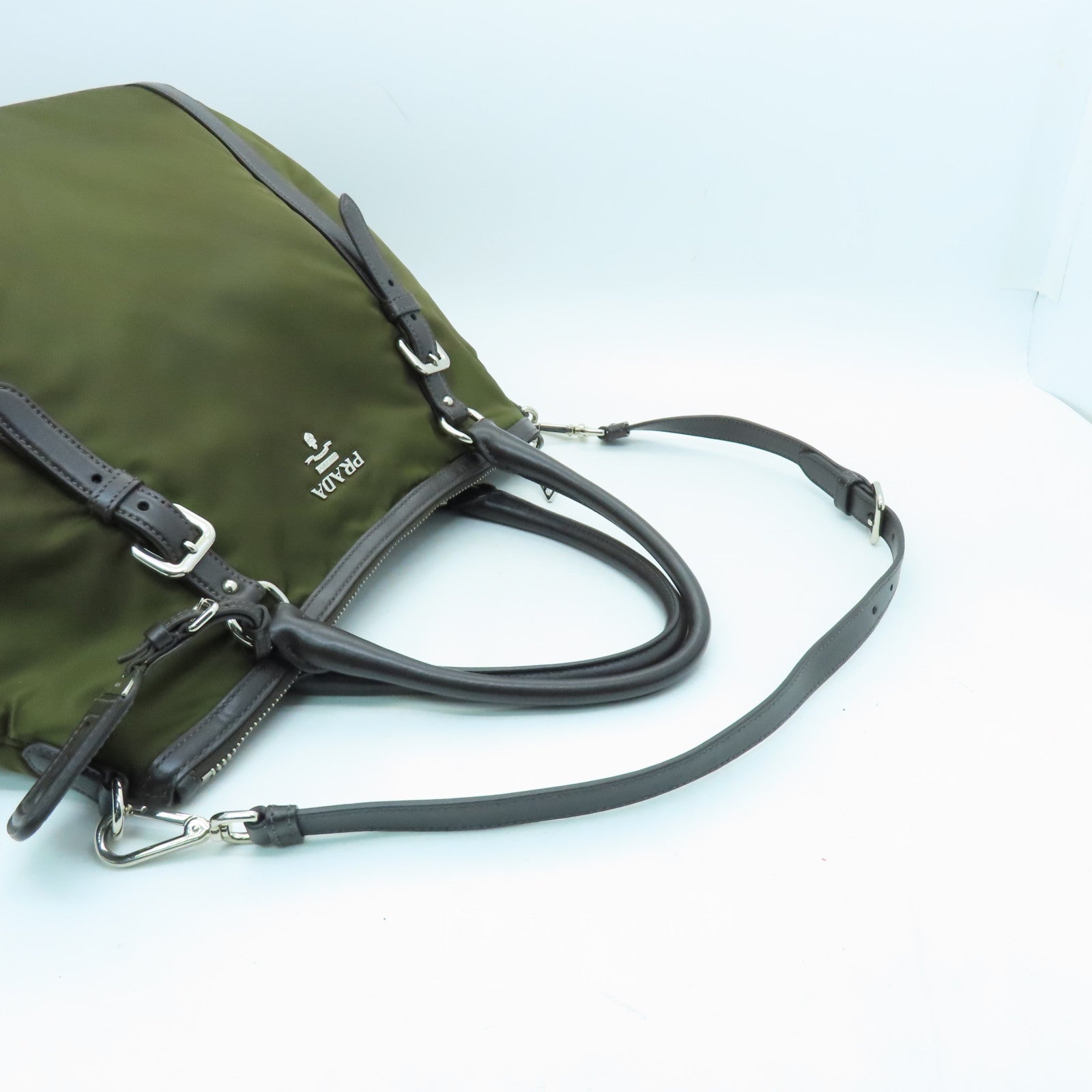 PRADA Nylon 2Way Shoulder Silver Buckle Handle Shoulder Bag Green/Brown