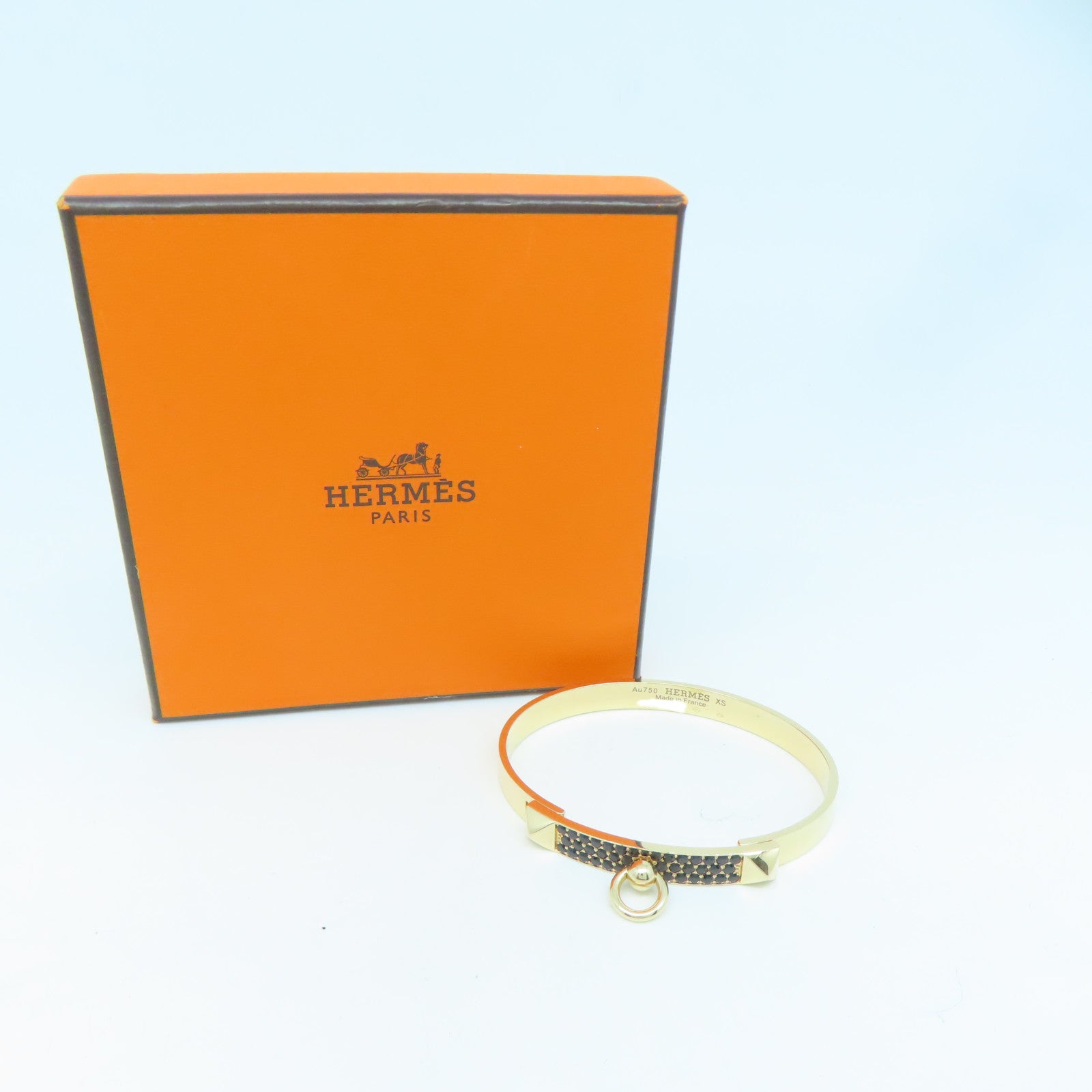 HERMES 18K黃金Collier De Chien Bracelet黑鑽石手鐲#14.5cm