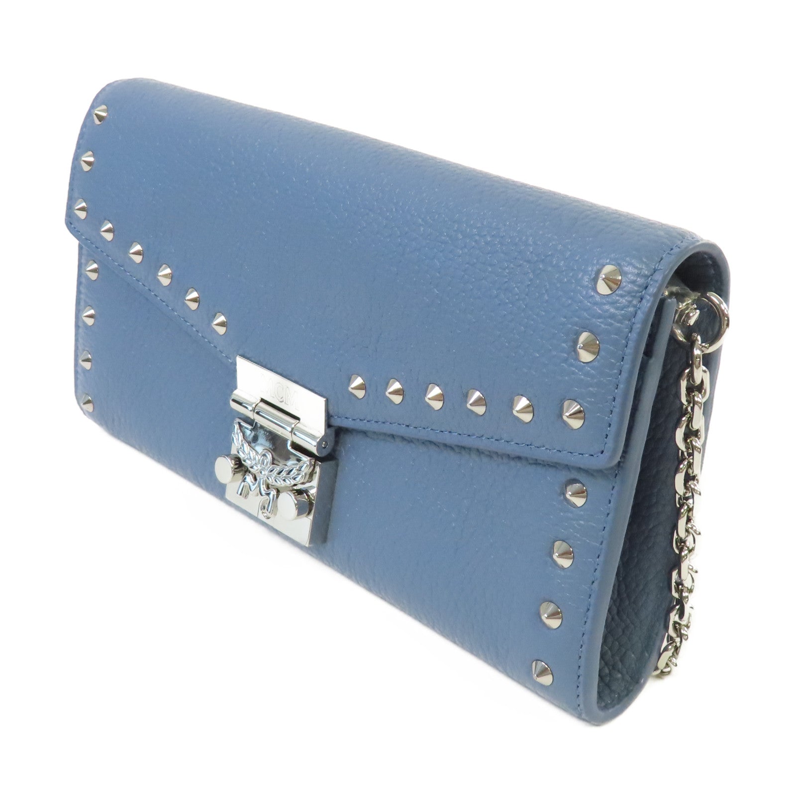 MCM 牛皮皮革Wallet Chain Shoulder Bag銀扣鏈帶肩背袋藍色