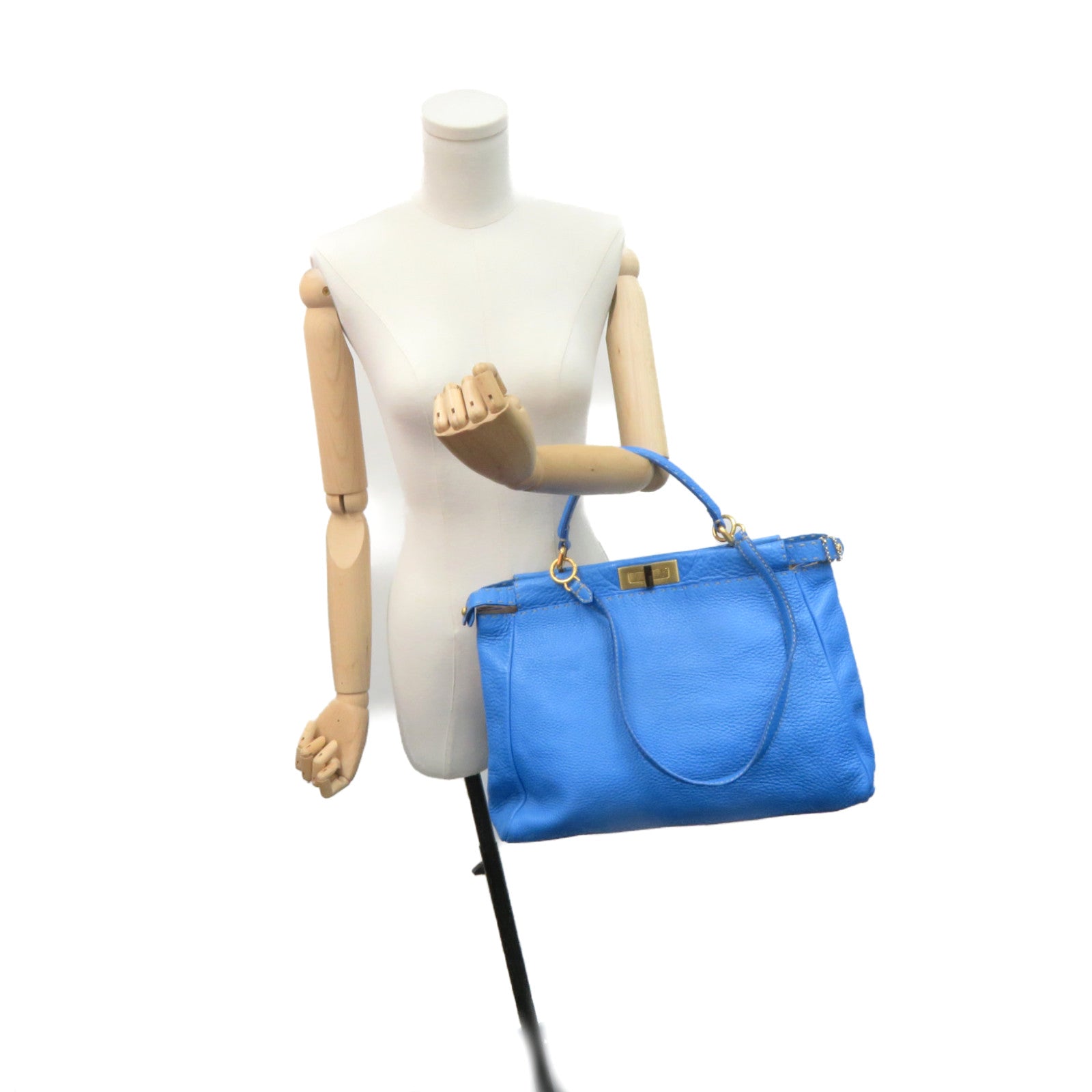 FENDI 牛皮皮革Peekaboo 2Way Shoulder Bag金扣手挽肩背两用袋蓝色
