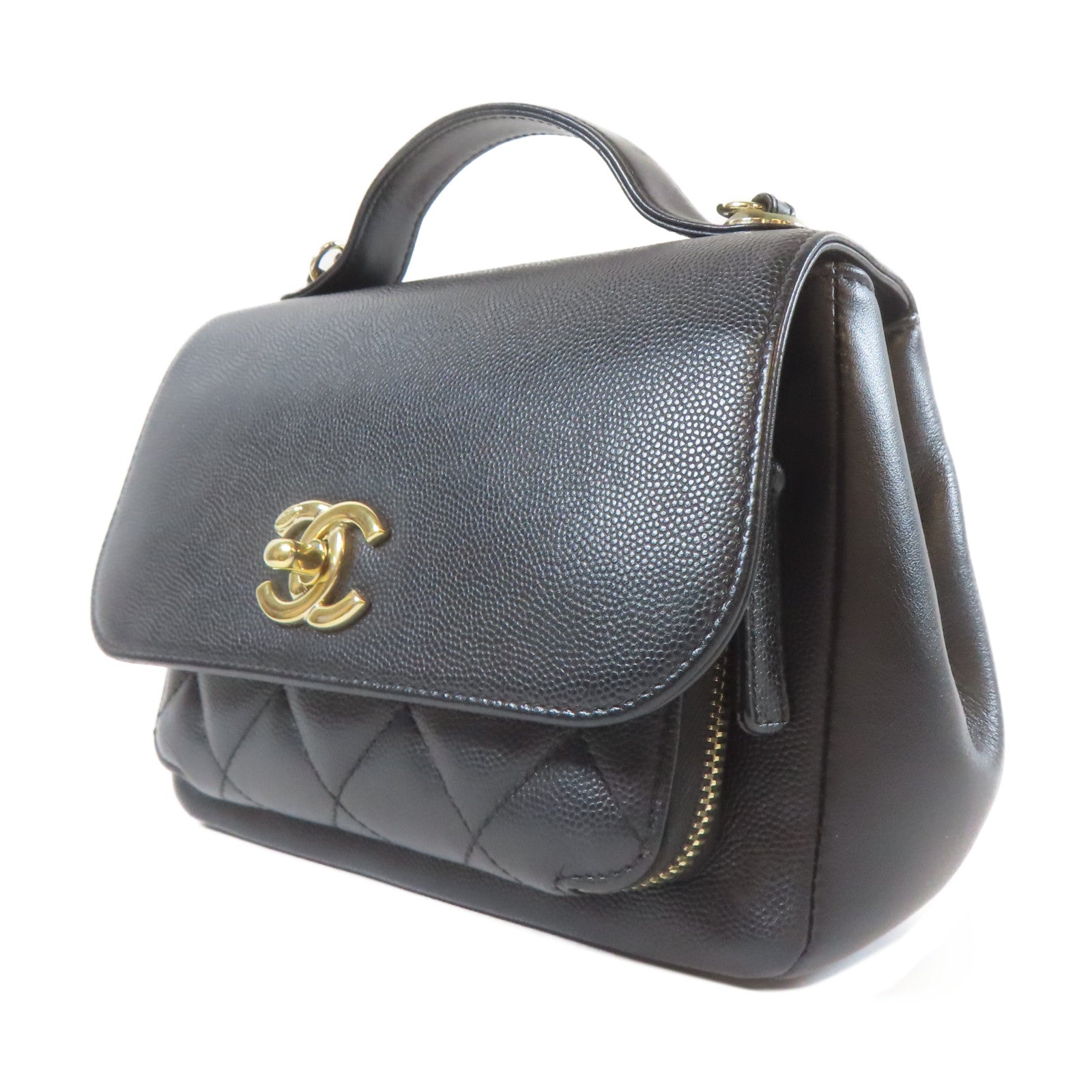 CHANEL 菱格Caviar皮革2 Way Shoulder金扣手挽肩背兩用袋黑色