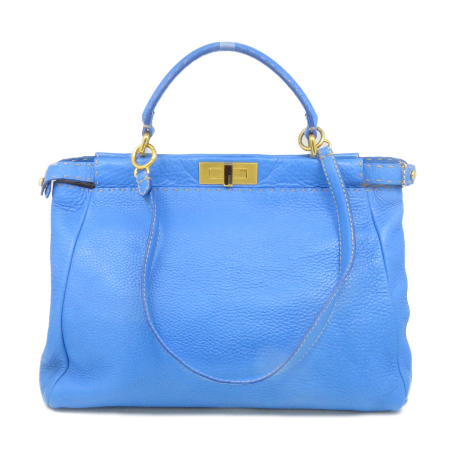 FENDI 牛皮皮革Peekaboo 2Way Shoulder Bag金扣手挽肩背两用袋蓝色