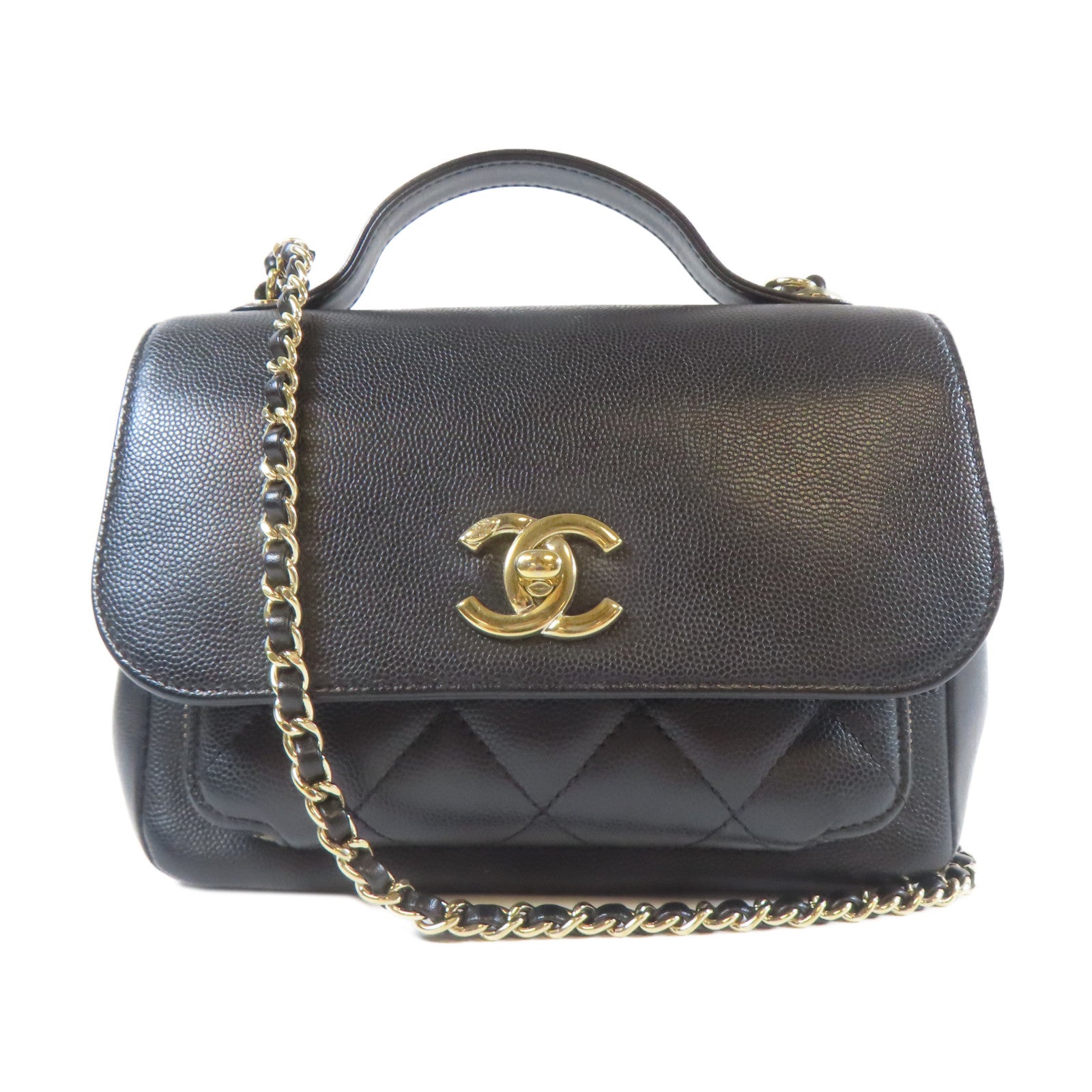 CHANEL 菱格Caviar皮革2 Way Shoulder金扣手挽肩背兩用袋黑色