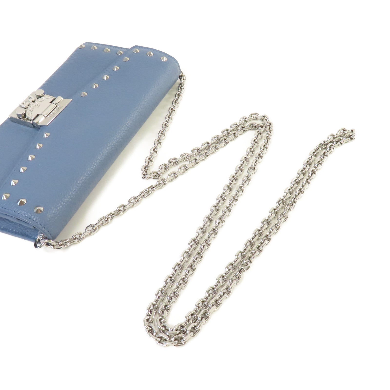 MCM 牛皮皮革Wallet Chain Shoulder Bag銀扣鏈帶肩背袋藍色