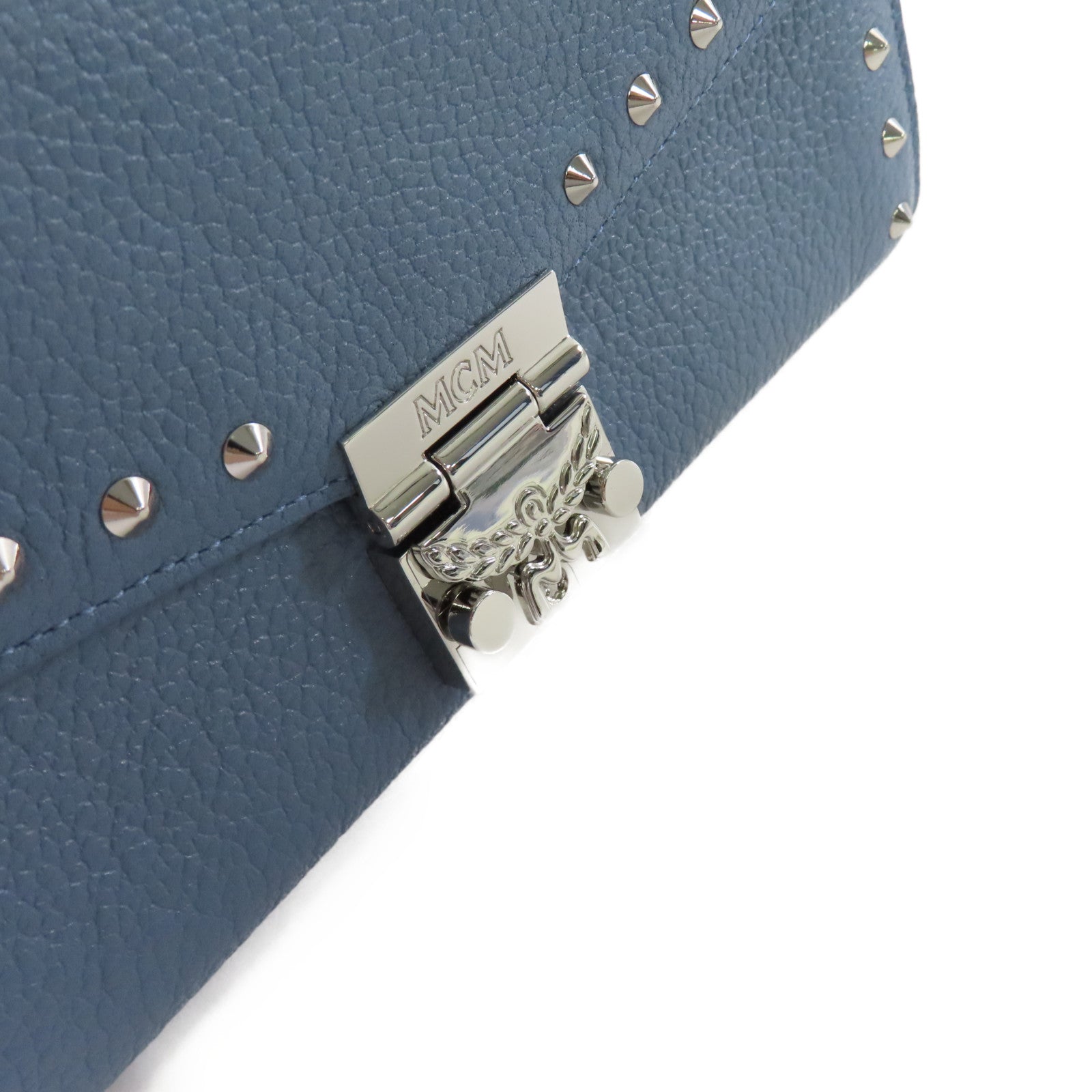 MCM 牛皮皮革Wallet Chain Shoulder Bag銀扣鏈帶肩背袋藍色