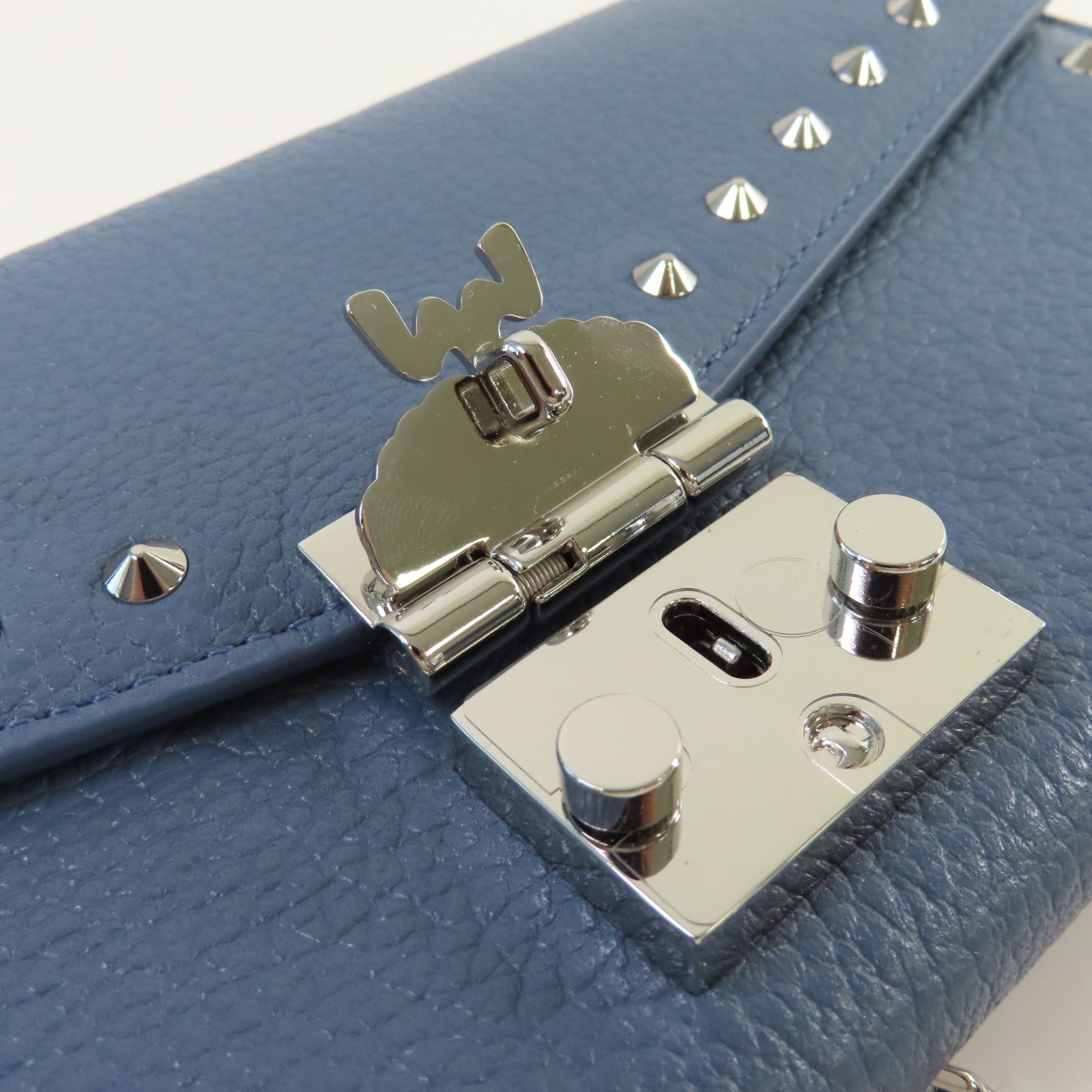 MCM 牛皮皮革Wallet Chain Shoulder Bag銀扣鏈帶肩背袋藍色