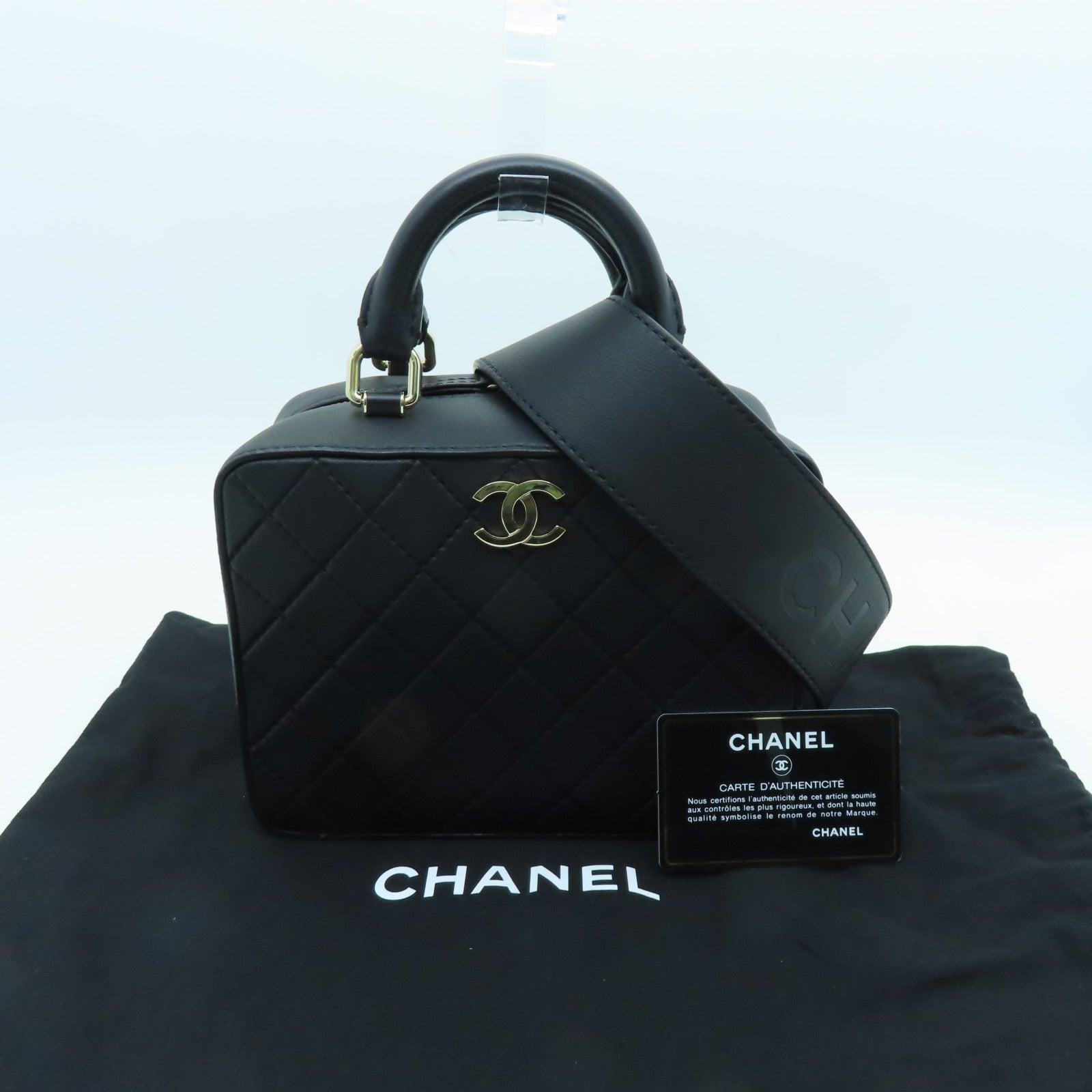 CHANEL cowhide leather Shoulder Bag gold buckle handle shoulder bag black