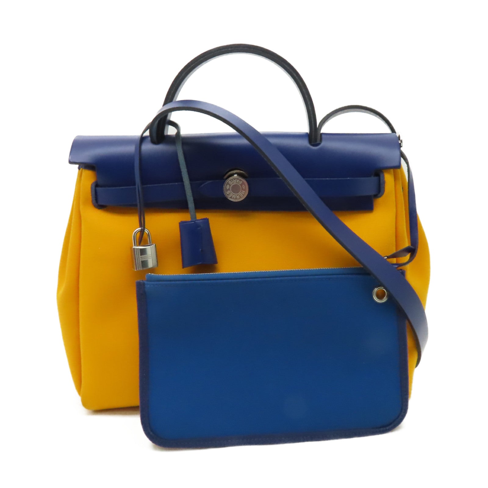 HERMES 帆布Herbag PM銀扣手挽肩背兩用袋黃色